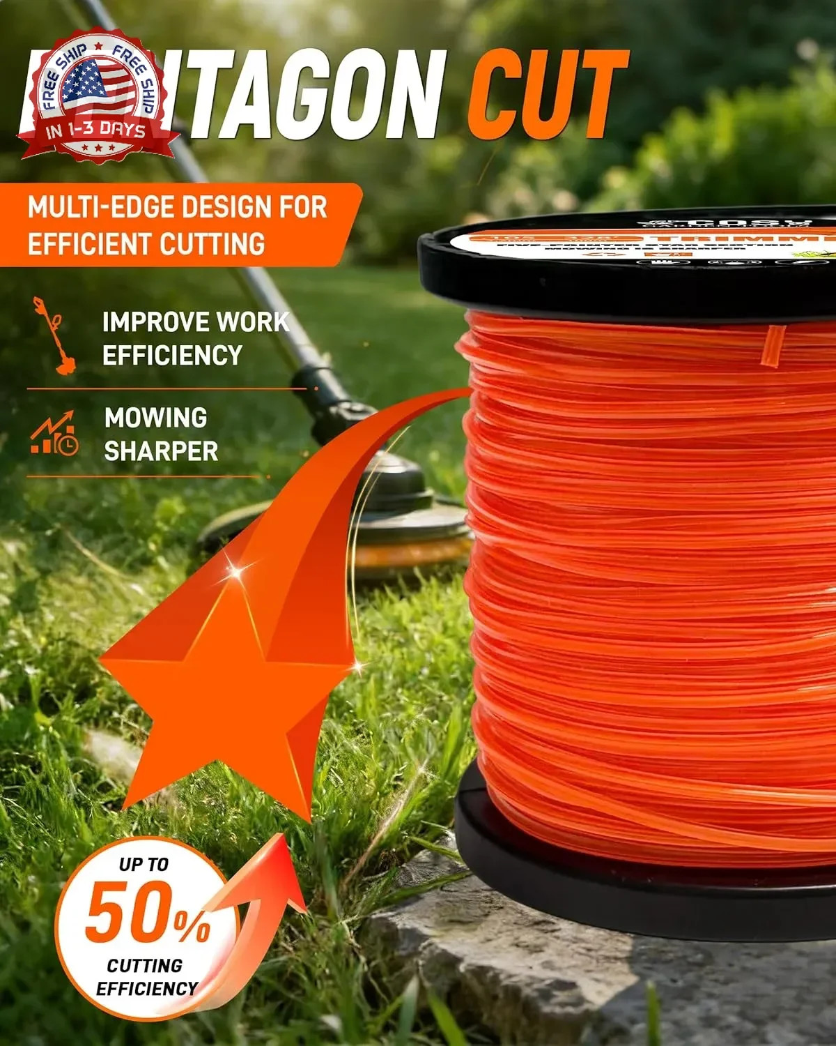 .105" String Trimmer Line, Commercial Grade Orange Pentagon Weed Eater String, P