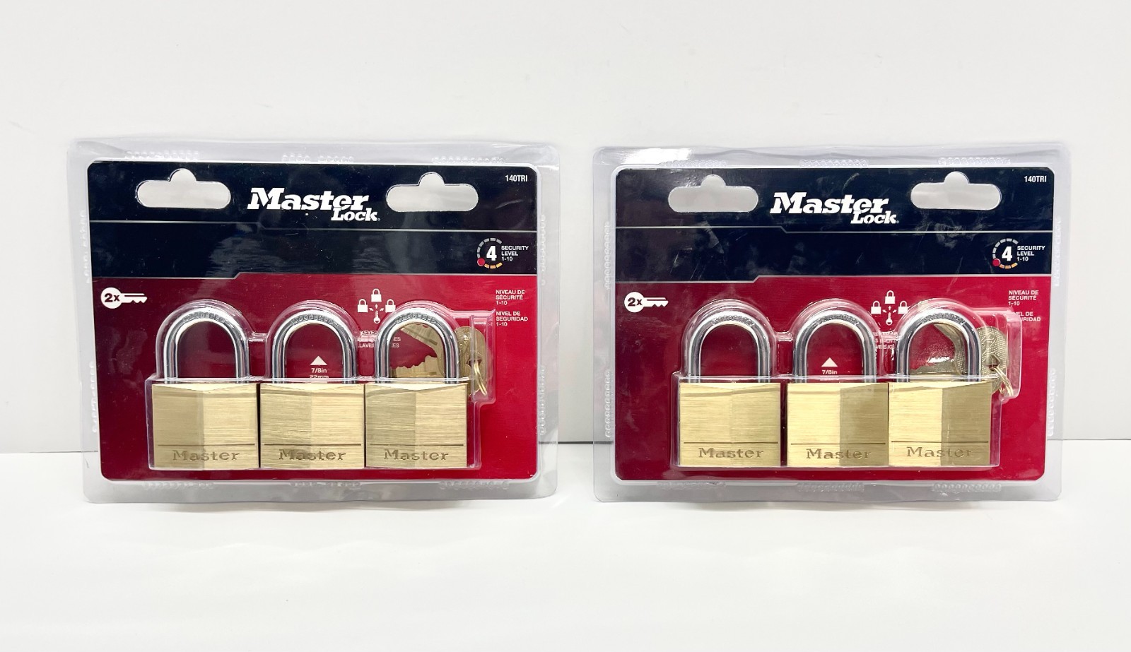 NEW - Master Lock 140TRI Brass Outdoor Keyed Padlock (2) 3-Pack, 7/8" Shackle