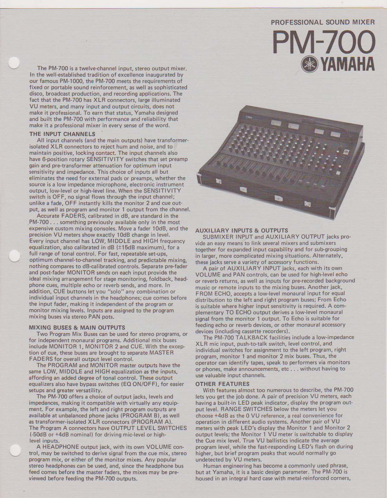 #MISC-0114 - 1970s YAMAHA PM-700 SOUND MIXER SPECIFICATION INSTRUCTION  MANUAL