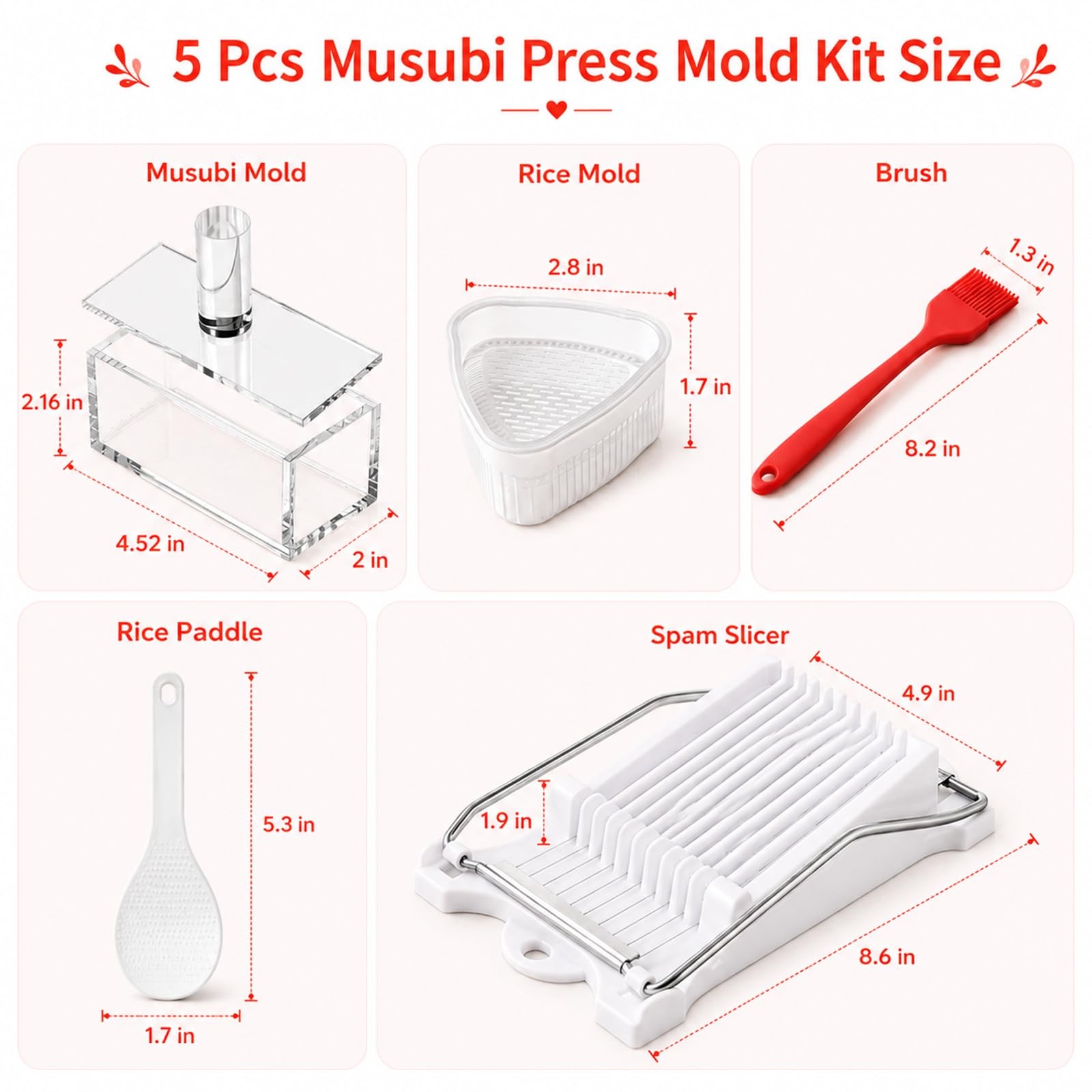 5 Pack Acrylic Musubi Mold Kit, Press Onigiri medium, White
