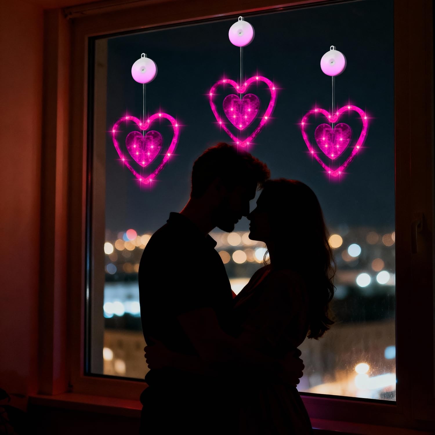 Artmag 3 Pcs Valentines Day Window Lights Decorations with Timer, Double Pink