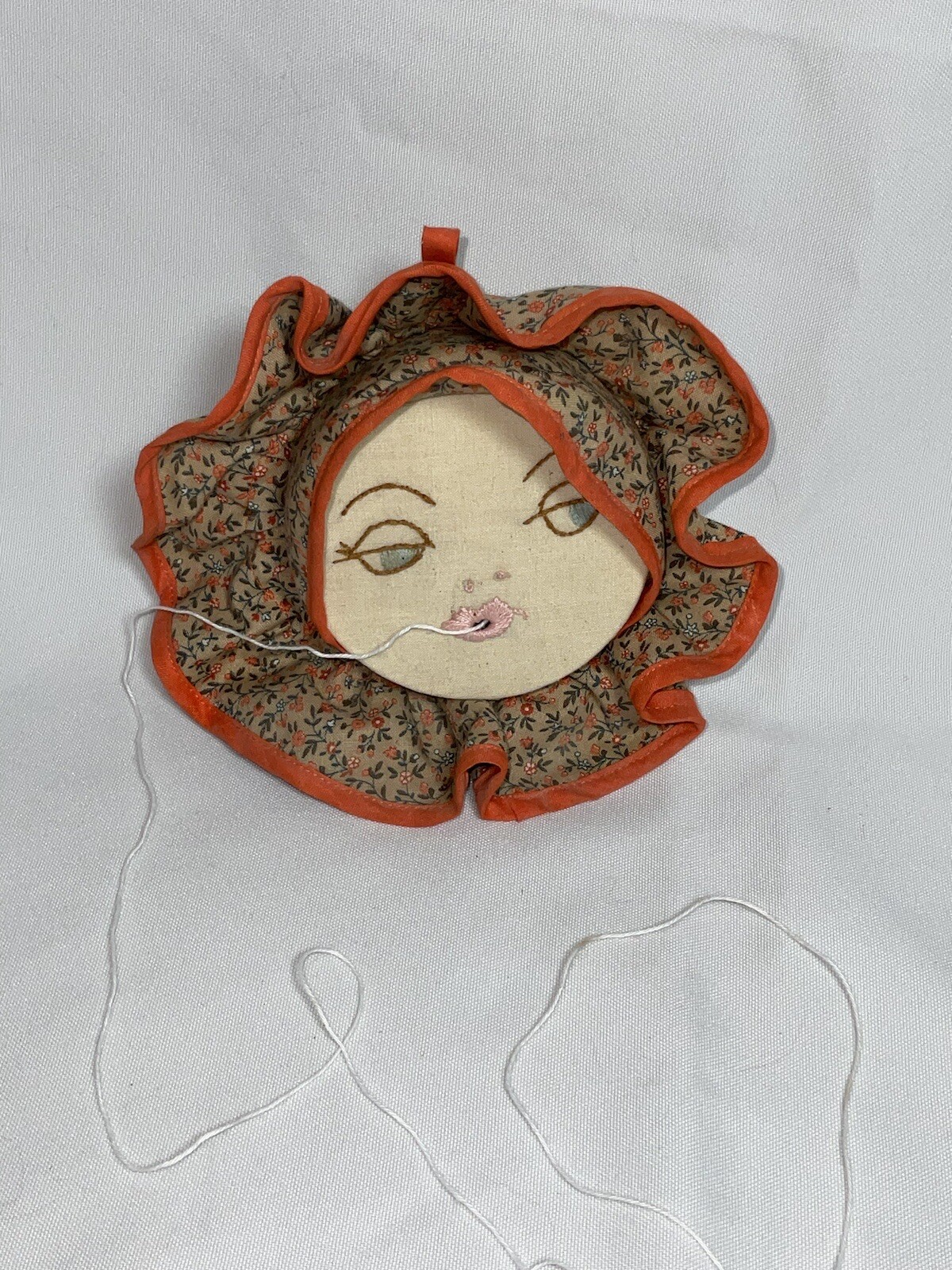 Orange Calico Bonnet Vintage Handmade Kitchen Wall String Holder Woman’s Face