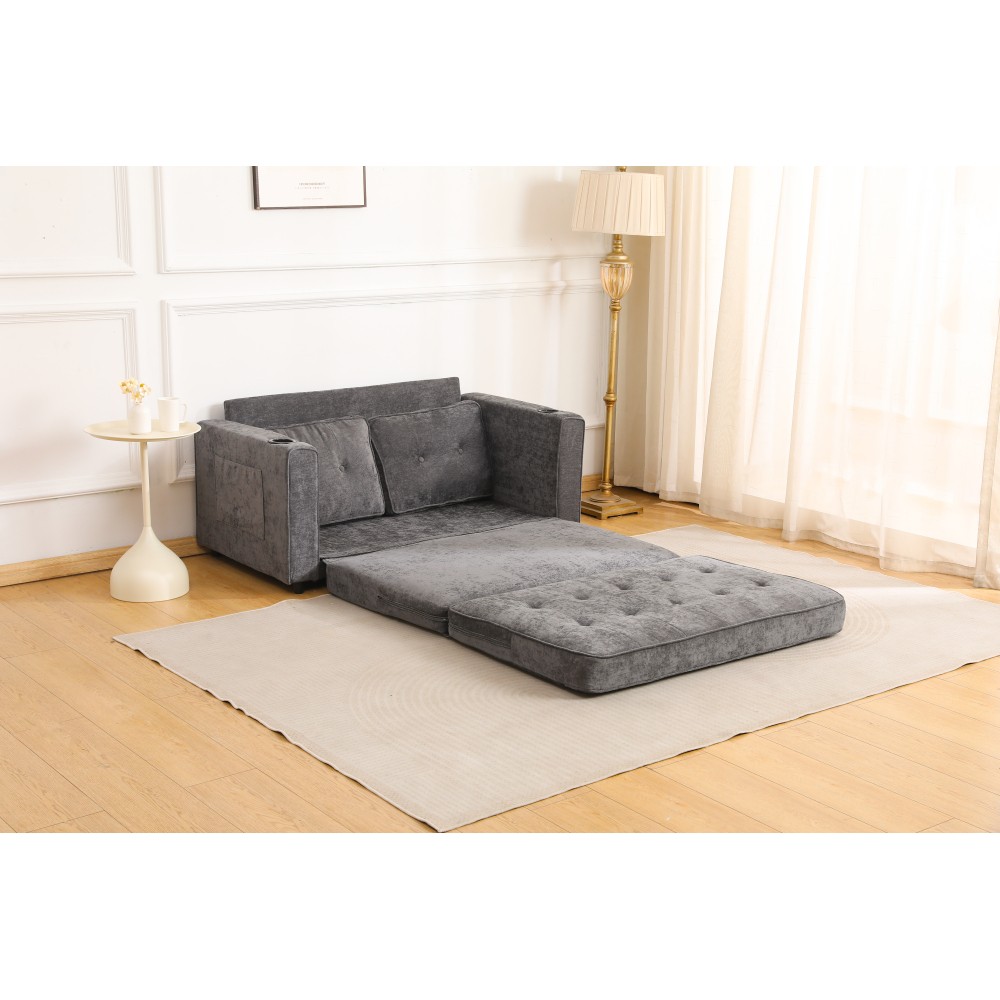 55" 3-Fold Dark Gray Convertible Futon Sleeper Sofa – Velvet Linen Fabric