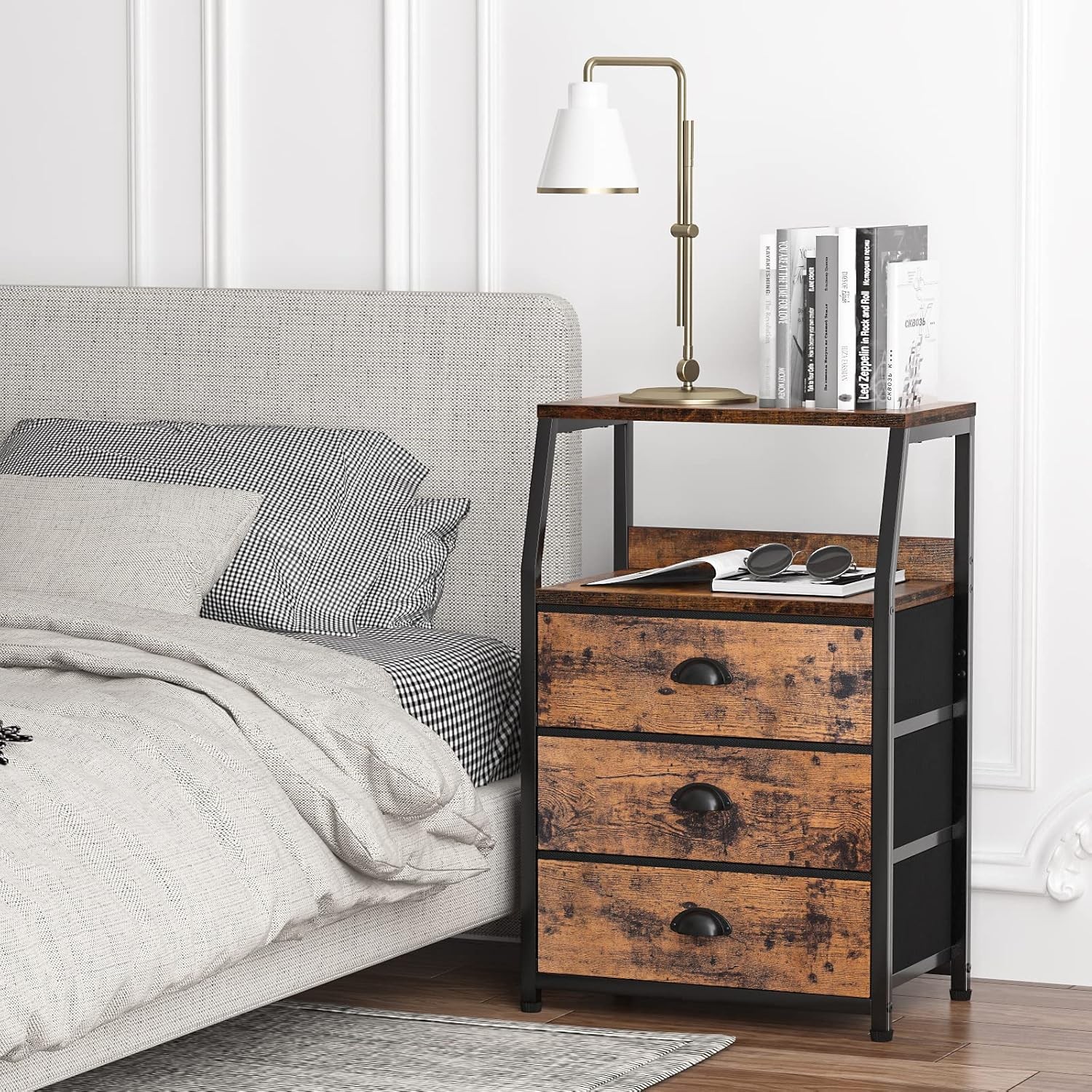 Nightstand with 3 Drawers and 2-Tier Shelf, Fabric Small Dresser Organizer Verti