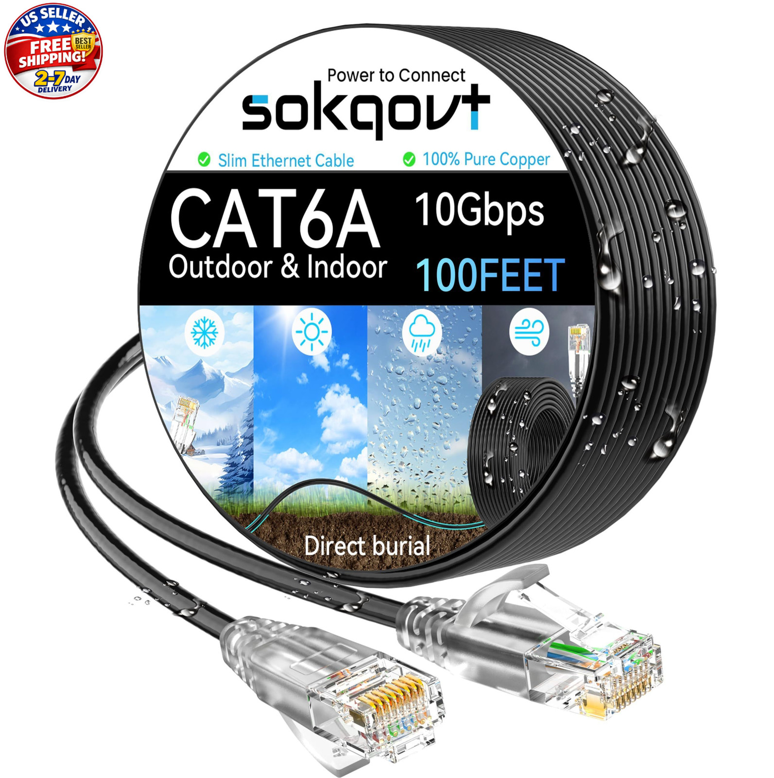 Cat6a Ethernet Cable Slim 100ft Outdoor&Indoor, 28AWG Pure Copper Cat6 Internet