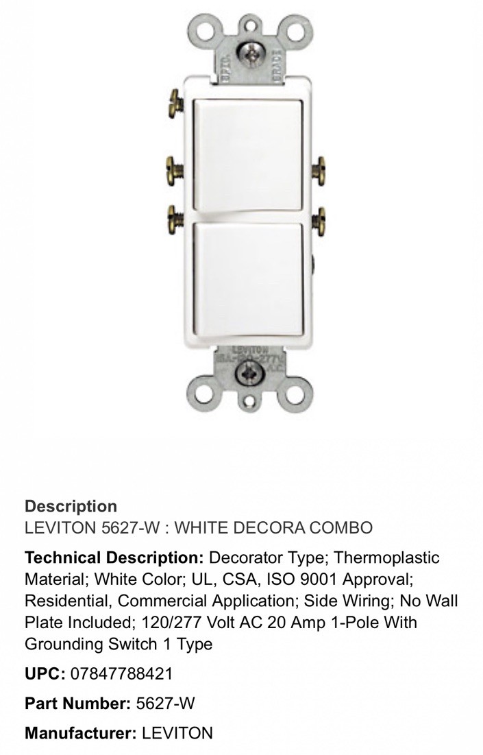 Leviton 5627-W Single Pole Switch 20A 120