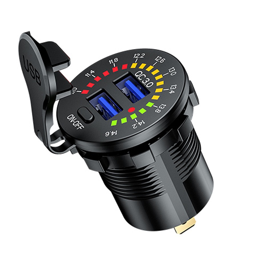 12V/24V QC3.0 Dual USB Car Charger Fast Charging W/LED Voltmeter ON OFF Switch