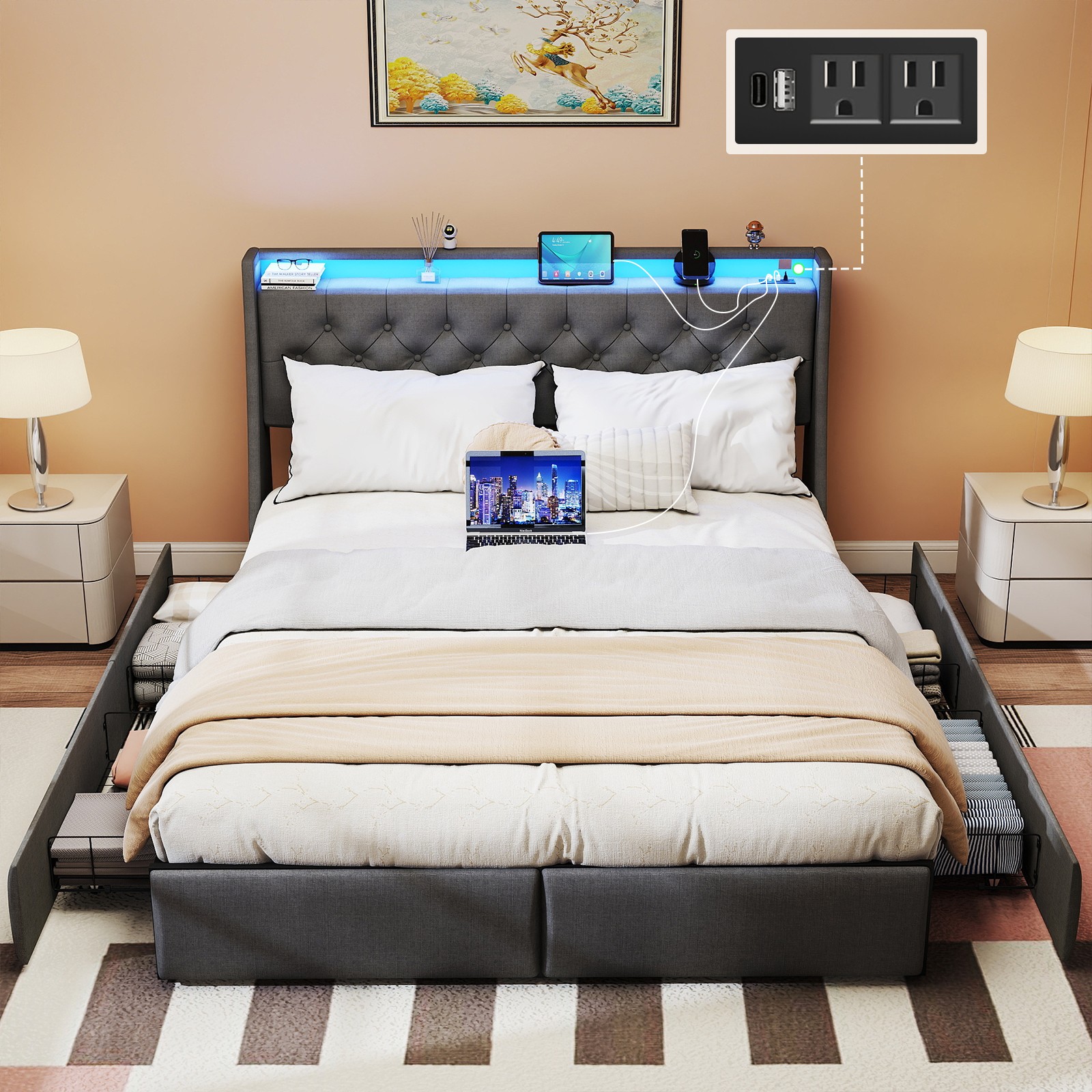 Full Size Bed Frame, Upholstered Platform Bed Frame with 4 Storage Drawers