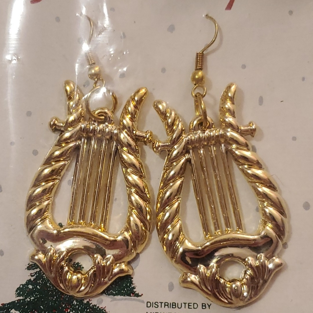 NEW vtg Christmas lyre musical instrument earrings 1.75 inches