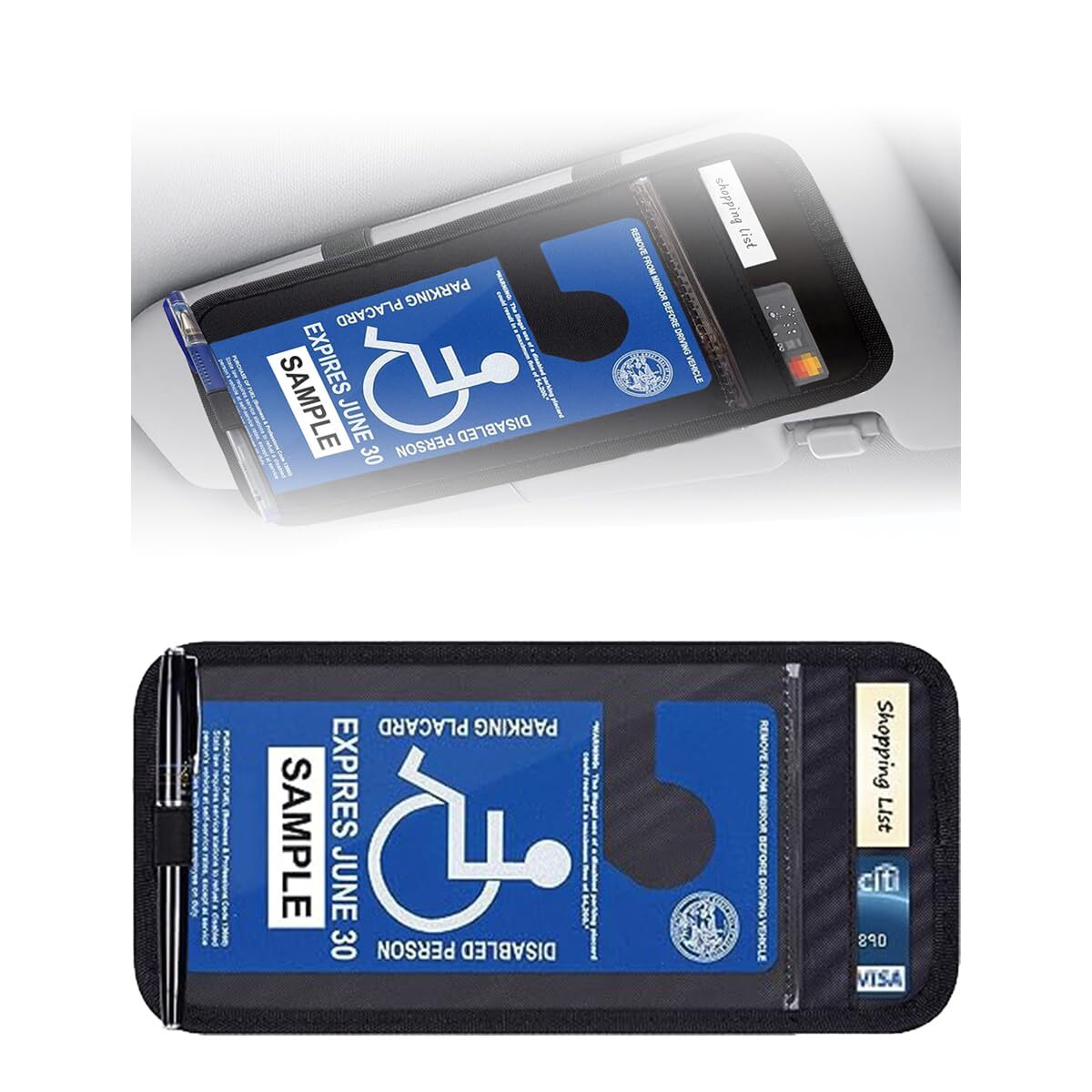 Handicap Placard Holder with Organizer Pockets for Car Sun Visor PVC Cover