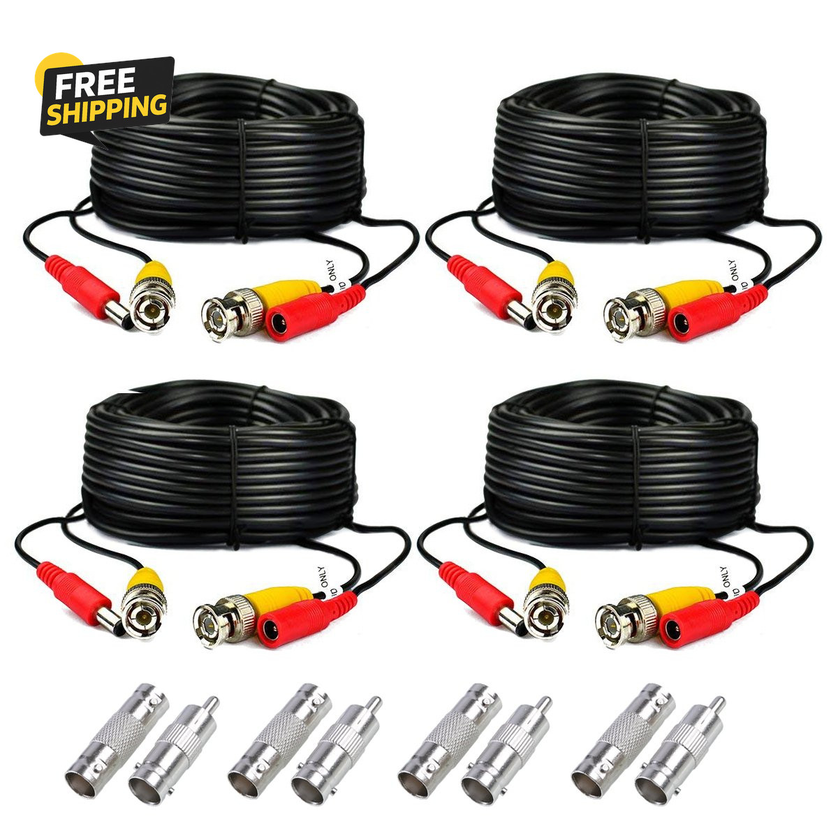 4-Pack 125Ft Black Pre-Made All-In-One BNC Male to Male Video and Power Cable