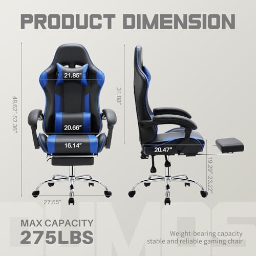 DUMOS Ergonomic Gaming Office Desk PU Leather 27"D x 25"W x 52"H, Deep Blue