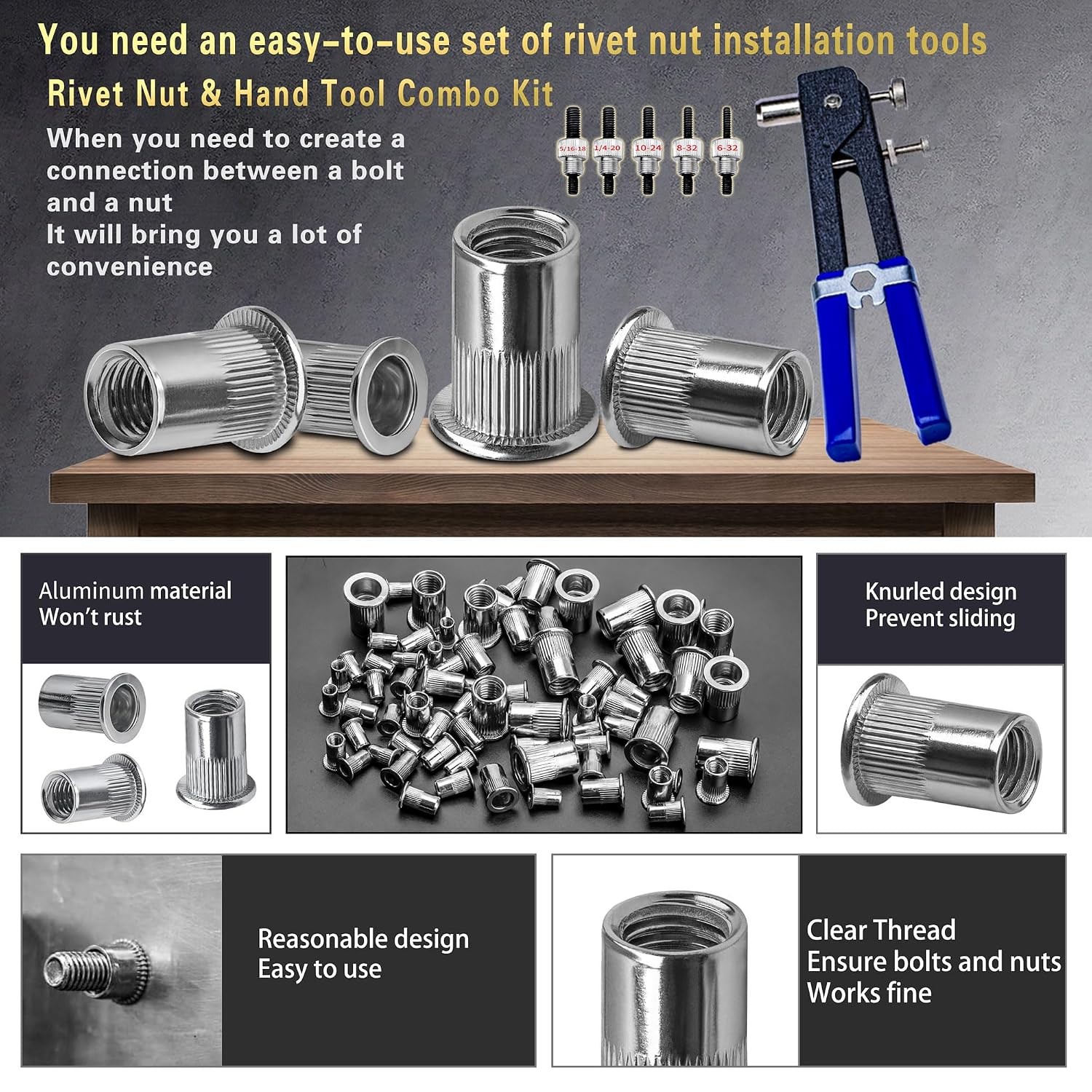 SAE Pressure Rivet Nut Tool Kit 530pcs, inch Rivet Nut Combination