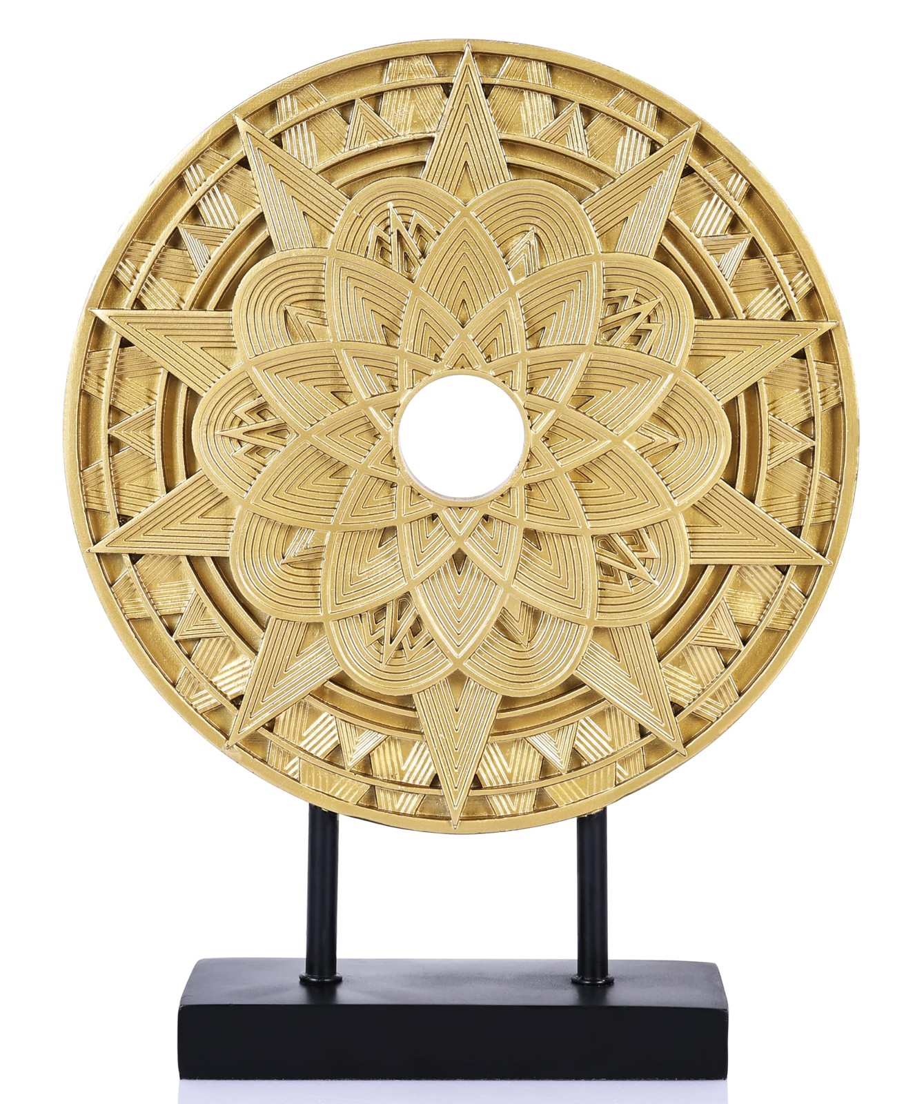 Geometric Mandala Sculpture Black Gold Round Art Decor for Shelf Table Office