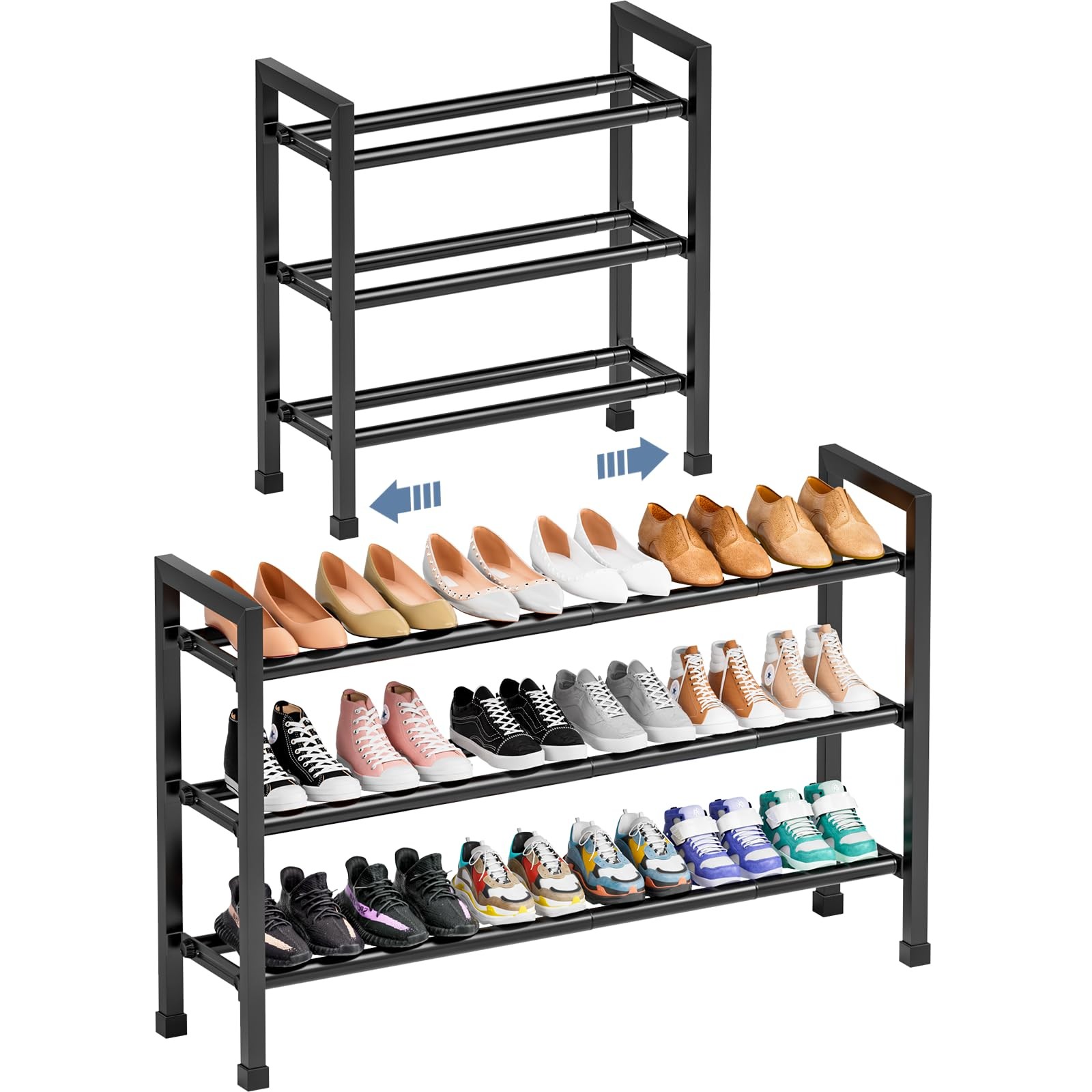 19“- 43” Adjustable Shoe Rack, 3 Adjustable Length, 3 Tier Expandable Shoe Ra...