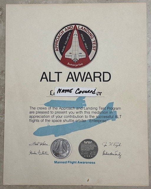 ENTERPRISE ALT APPROACH TEST & LANDING METAL FLOWN MEDALLION & AWARD CERTIFICATE