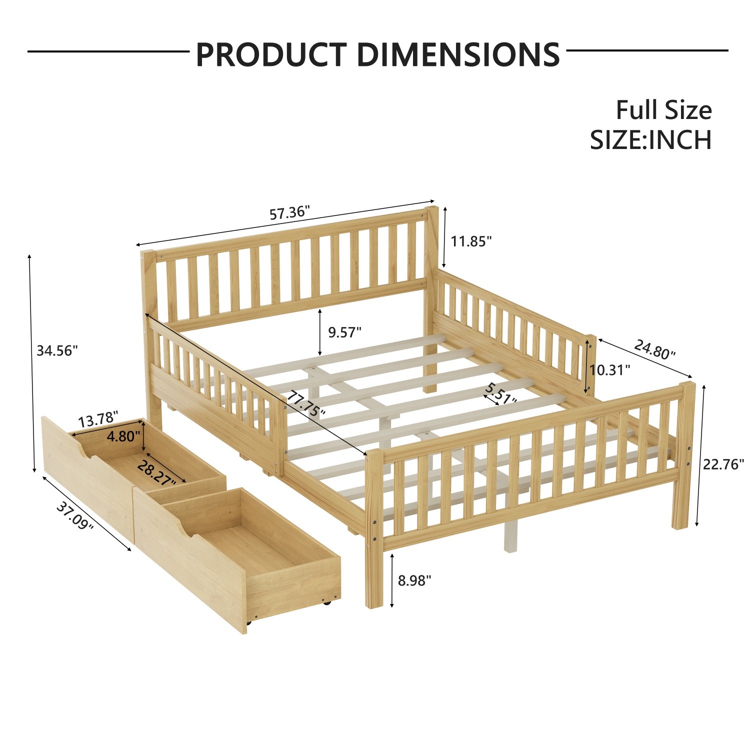 Full Size Wood Platform Bed Frame with 2 Drawers and Guardrails Natural/Walnut