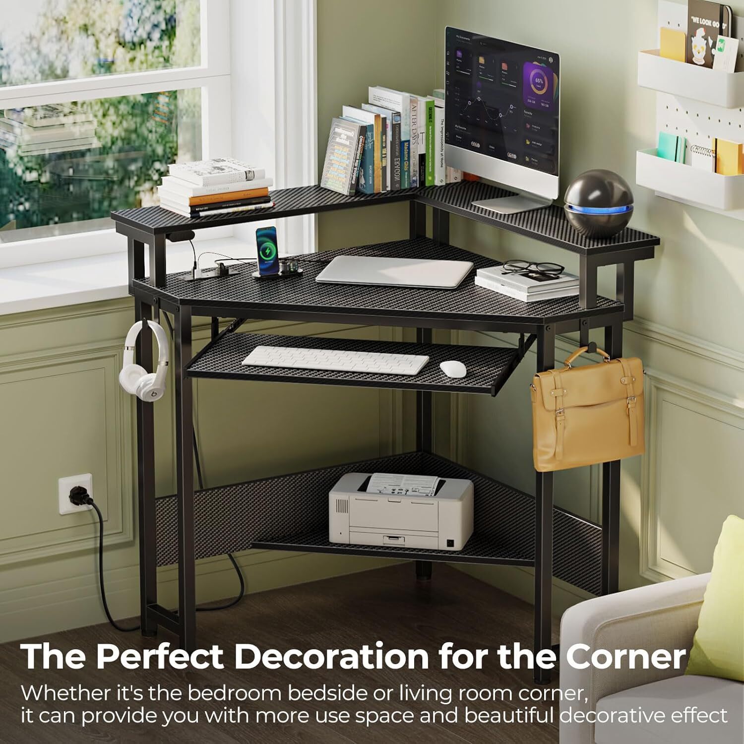 Corner Desk Small Carbon Fiber Computer Desk with Power Outlets LED Lights Black