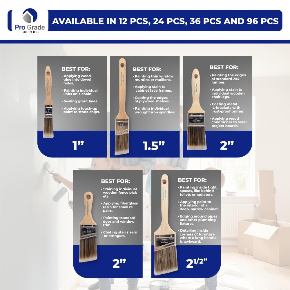 Pro Grade Paint Brushes, 5-Piece Paint Brush Set, Flat & Angle Brushes for Walls
