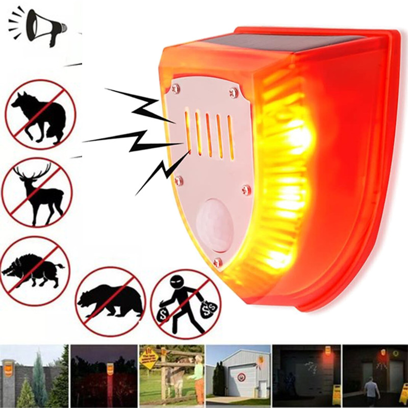 Solar Outdoor Motion Sensor Alarm-129db Dog Barking & Gunshot Sound USB Charge