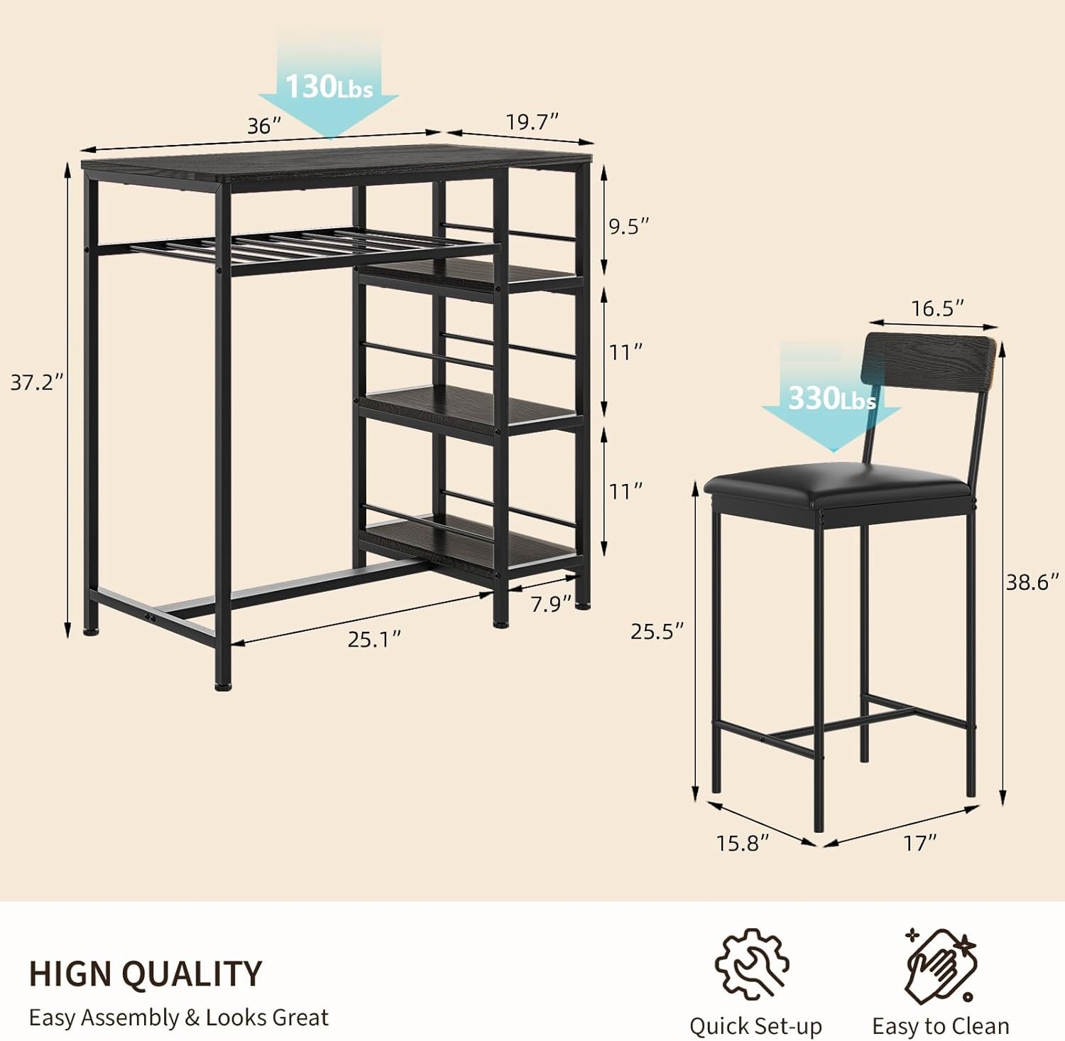 3pcs Dining Table Set for 2 Kitchen Dining Room with 2 Bar Stool and Wine Rack