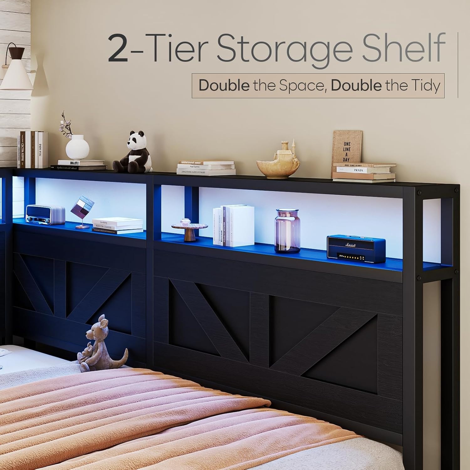 Corner Queen Size Bed Frame with Headboard and Storage Bookcase Large Capacity F