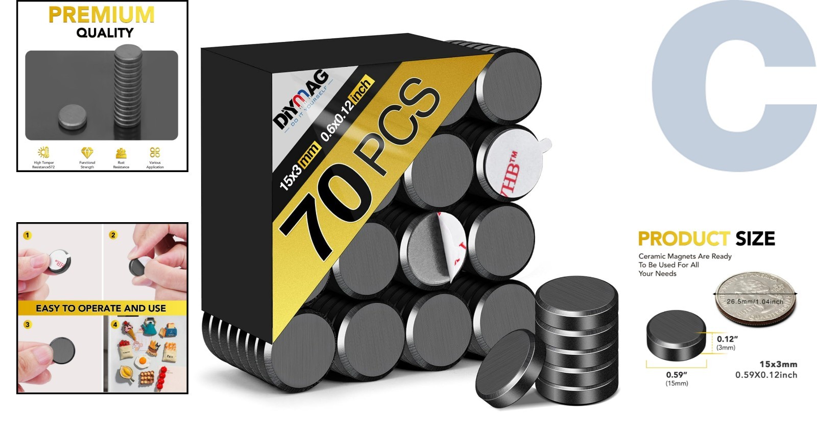 Heavy-Duty 70Pcs Adhesive Black Ceramic Round Magnets for Crafts & Organization