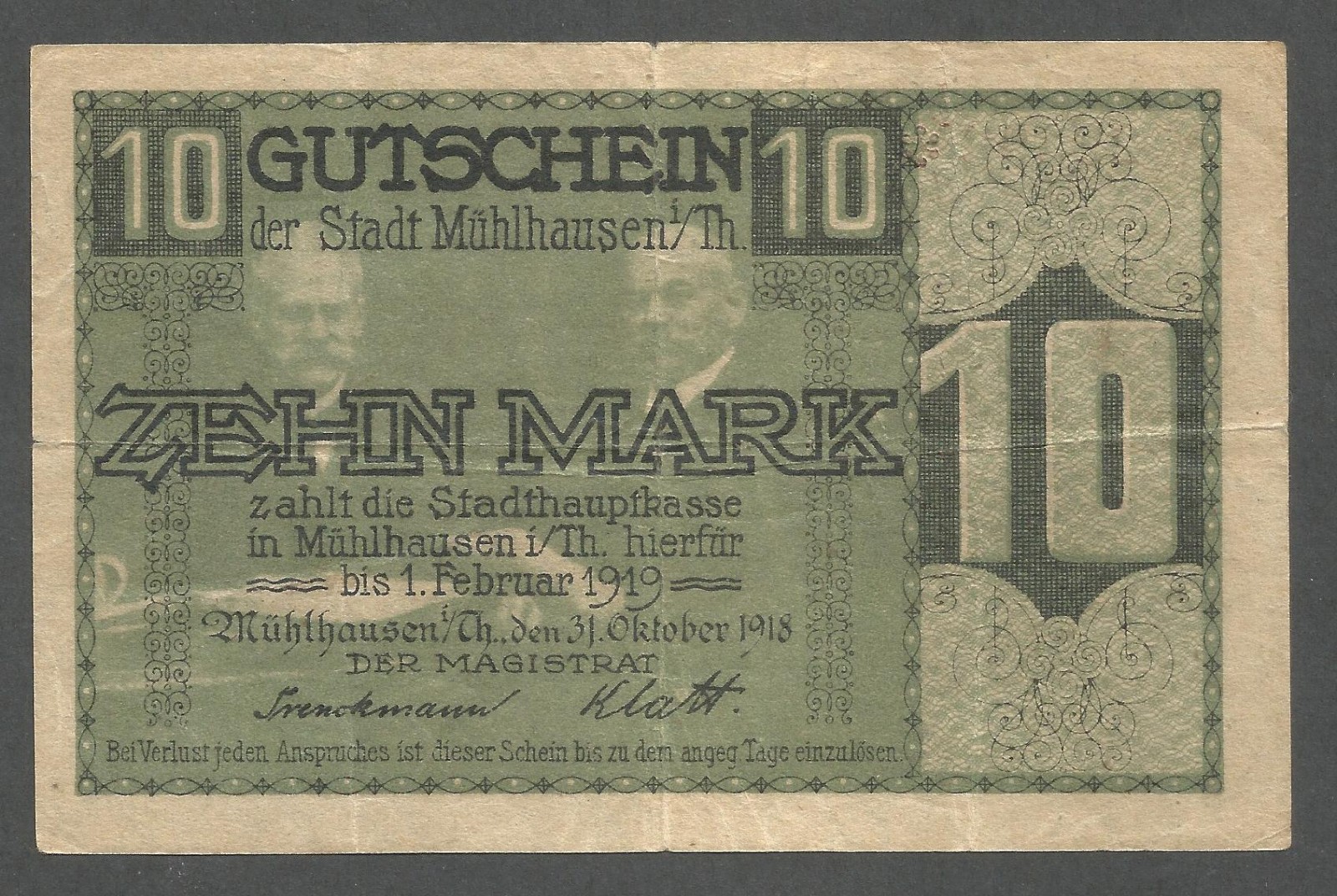 Germany - Mühlhausen 10 Mark 31.10.1918; VF+; G-364.02; City view