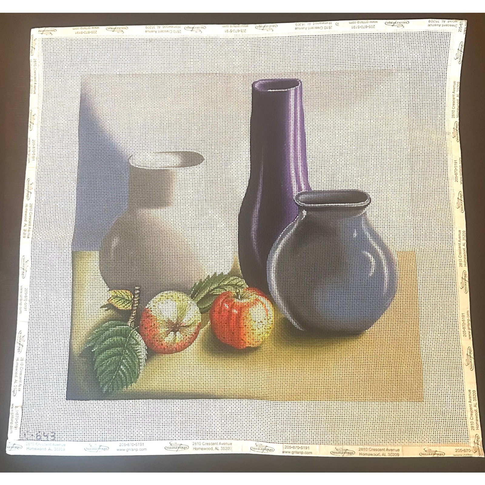 Vases & Apples Still Life Needlepoint Canvas - Pillow or Framed - 13 mesh