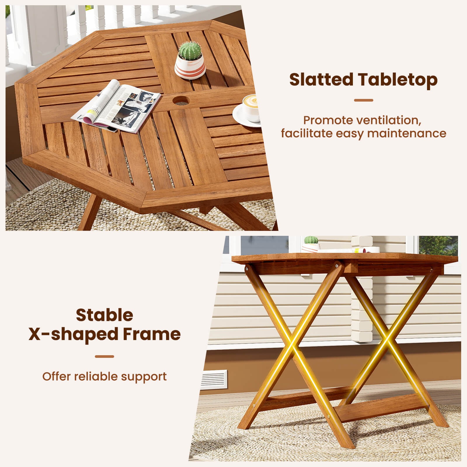 35.5” Solid Wood Patio Dining Table w/1.97” Umbrella Hole Slatted Tabletop