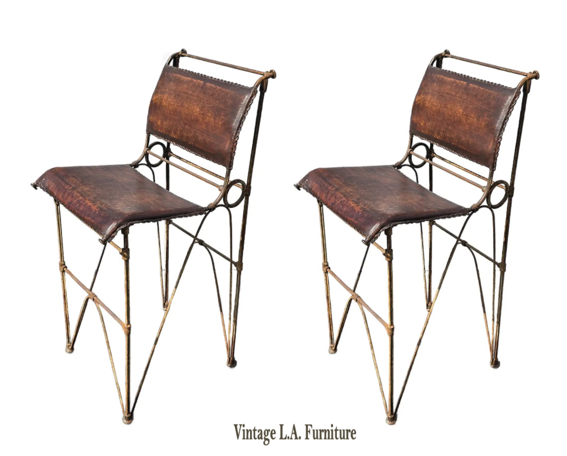 Pair of Vintage IIana Goor Brown Leather Barstools Bar Stools