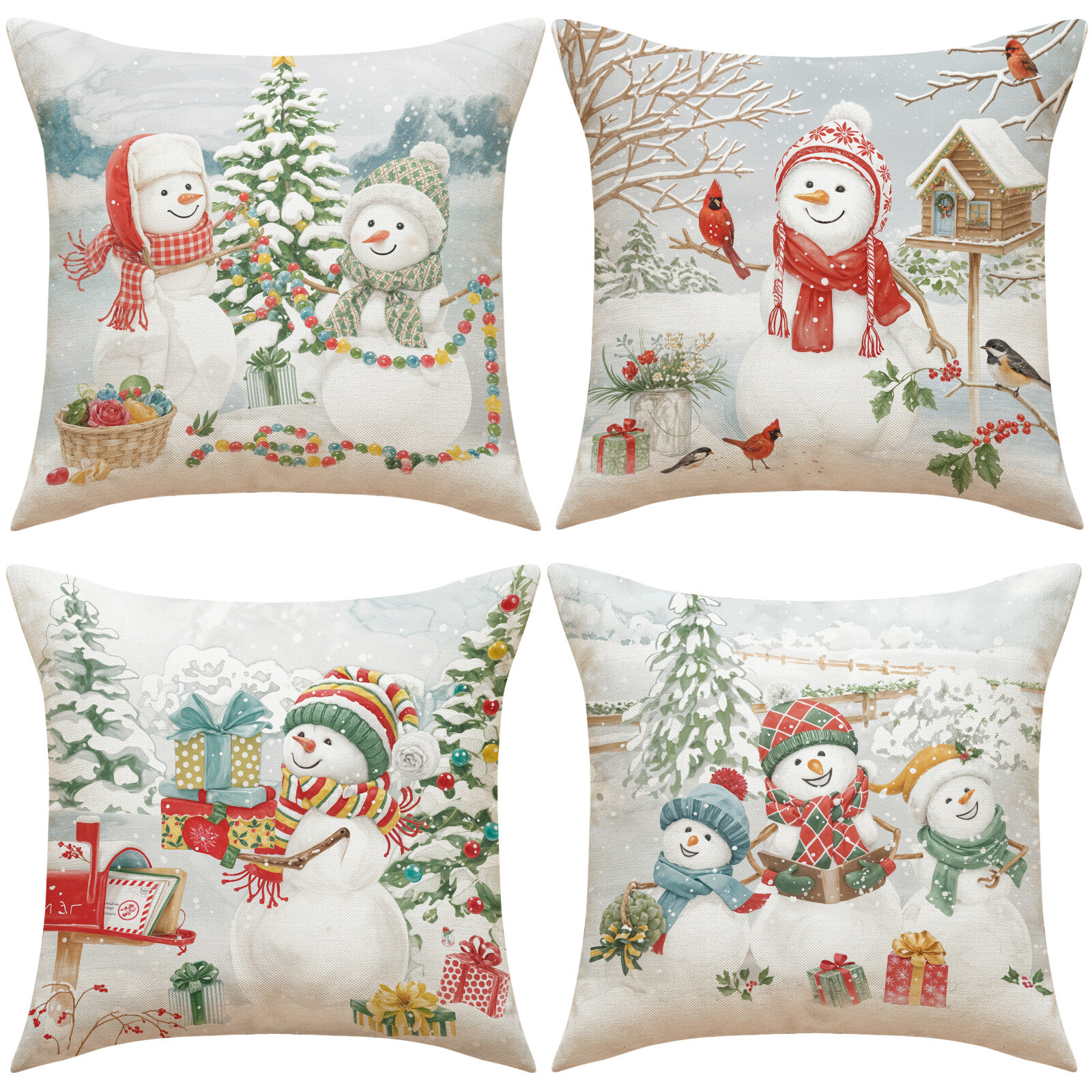 4 PCS White Christmas Pillow Covers Snowman Tree Gifts Sofa Cushion Covers