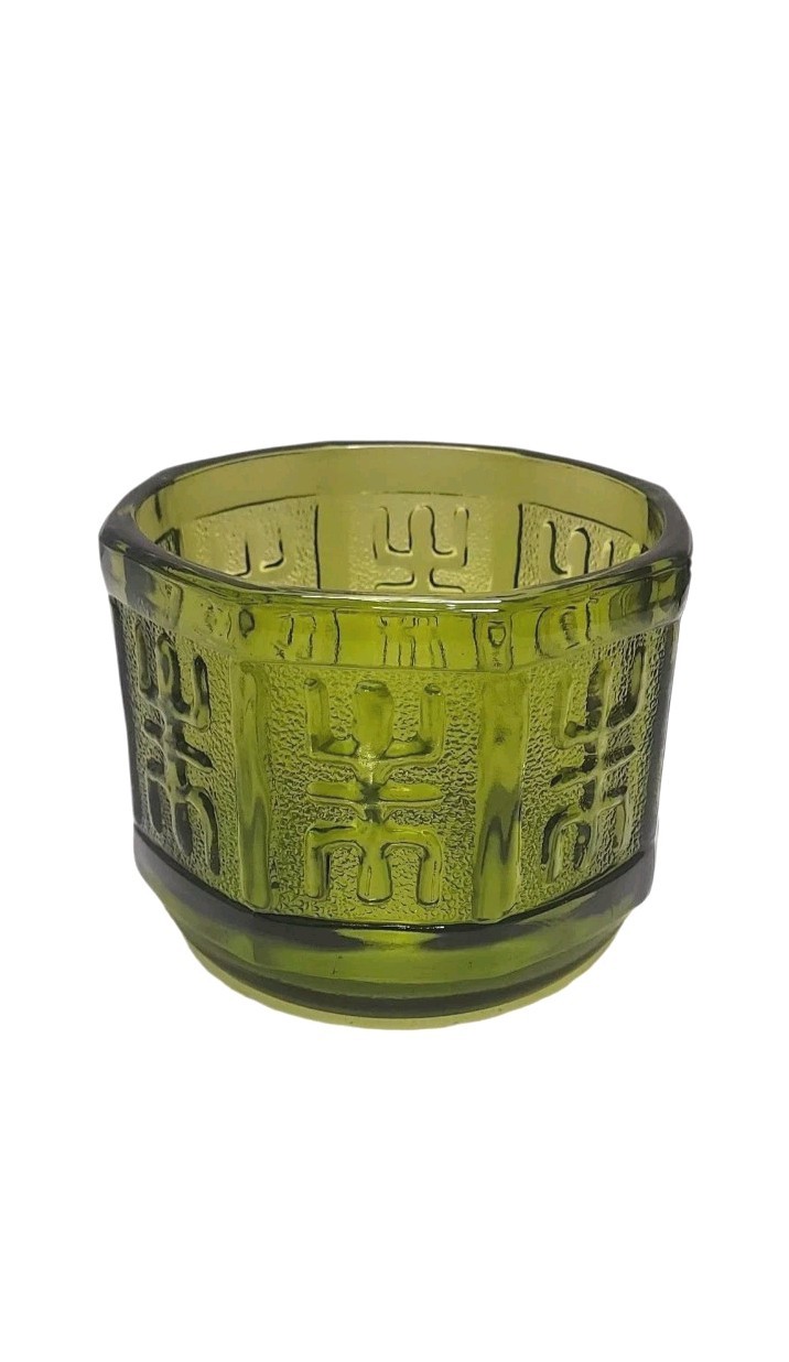 1970s Indiana Glass Avocado Green  Aztec Octagon Planter Bowl