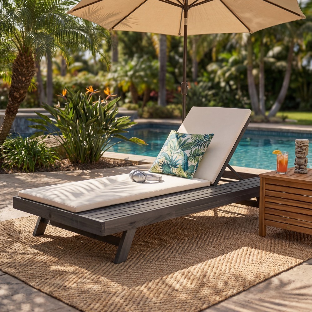 Outdoor Reclining Chaise Lounge Chair Water Resistant Cushion Acacia Wood