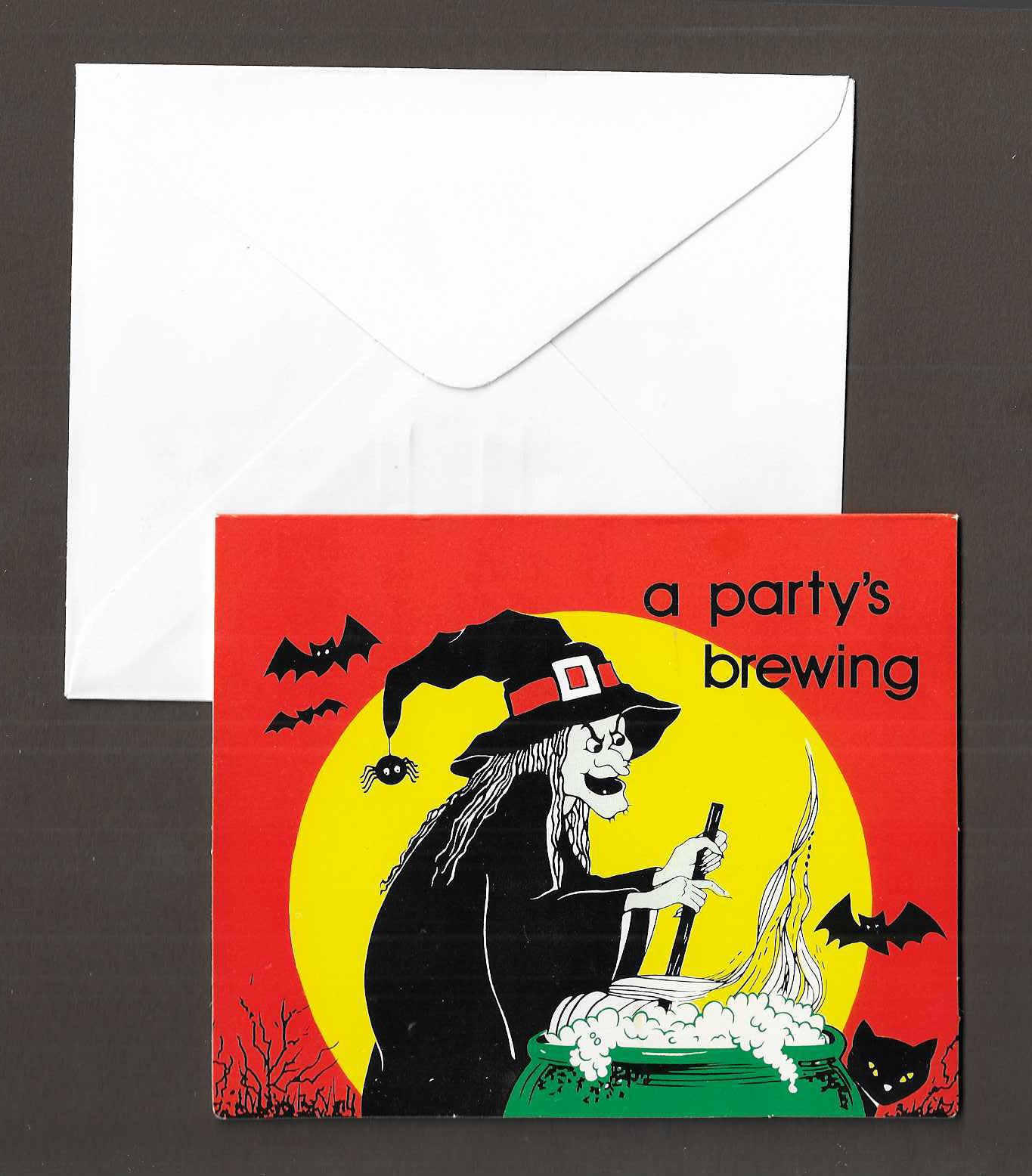 unused vtg 1985 Paper Art Invited Halloween Party Brewing Card Witch Cat Bat Pot