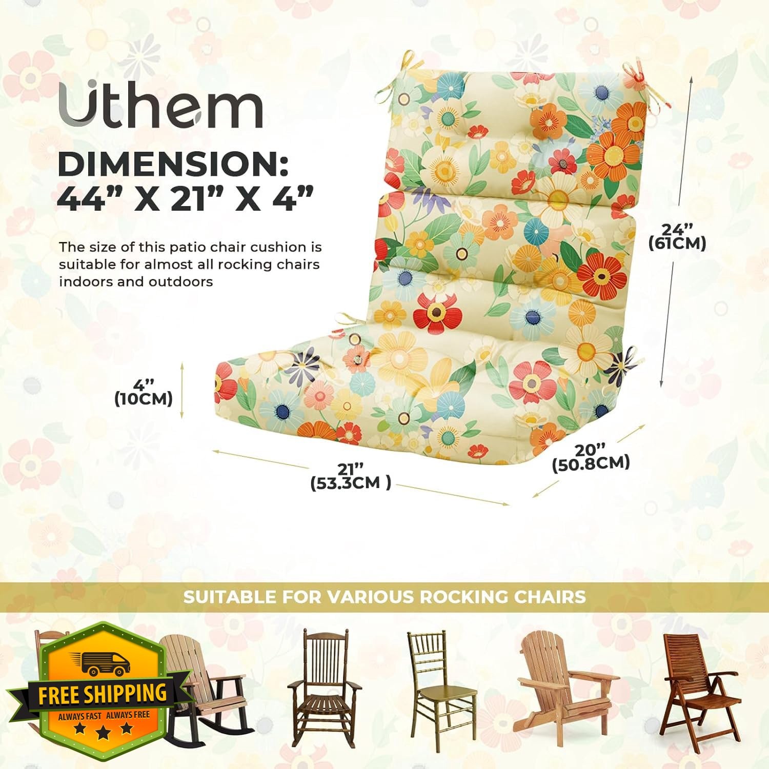 Uthem Rocking Chair Cushion, Waterproof, High Back, Yellow Daisy