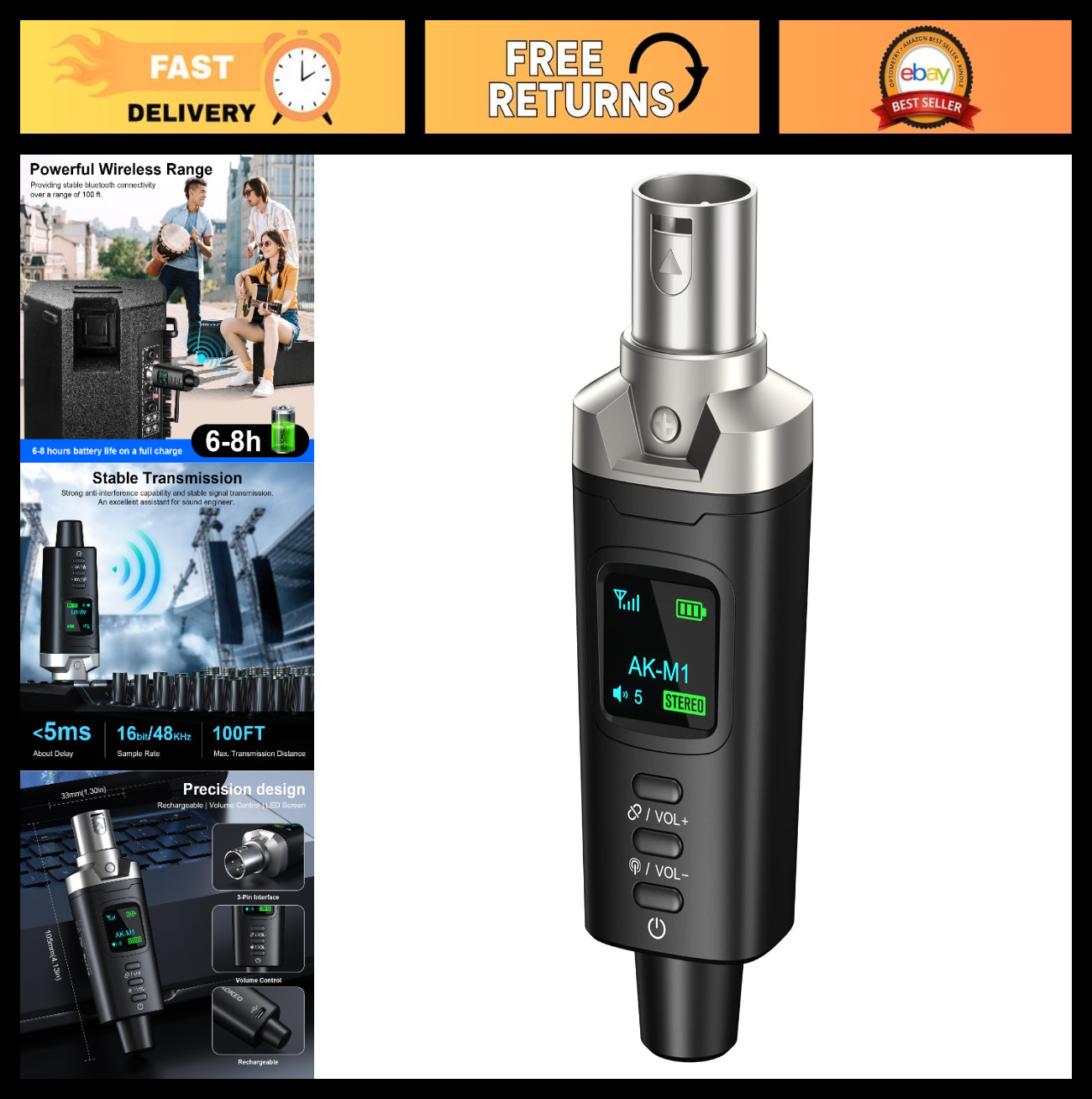 High-Fidelity XLR Bluetooth Receiver - 100ft Wireless Audio Adapter for Speakers