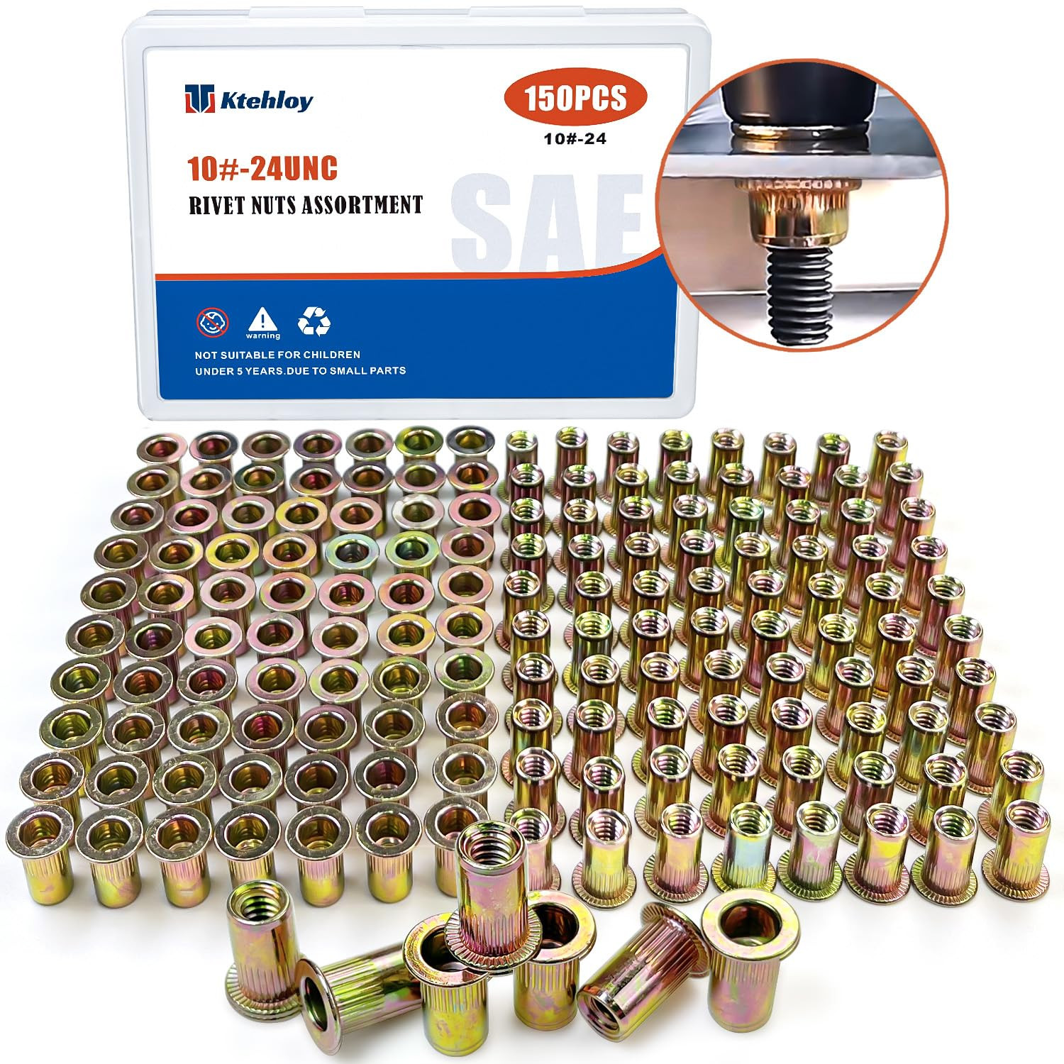 Rivet Nut,  150Pcs 10-24UNC Carbon Steel Flat Head Rivnut Threaded Insert Nut, Z