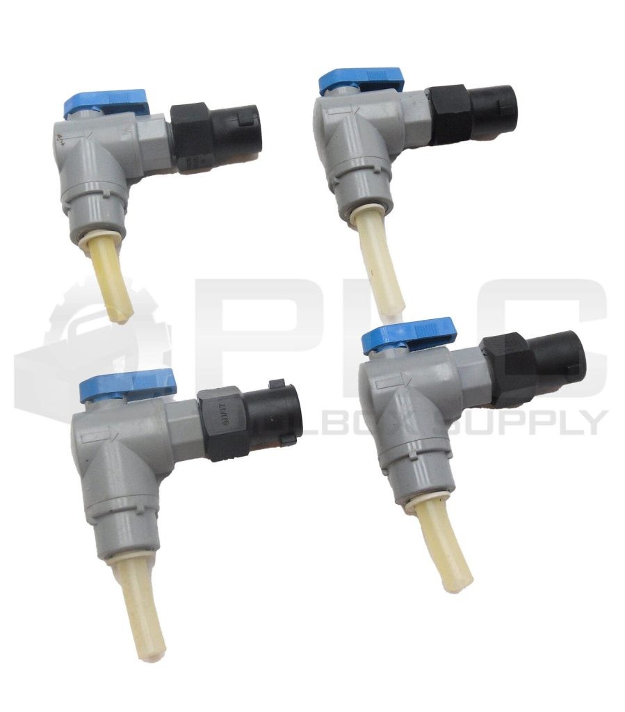 LOT OF 4 DM 85254003 90 DEG. BALL VALVE 1/4" M NPT x 3/8" PVC 2 WAY