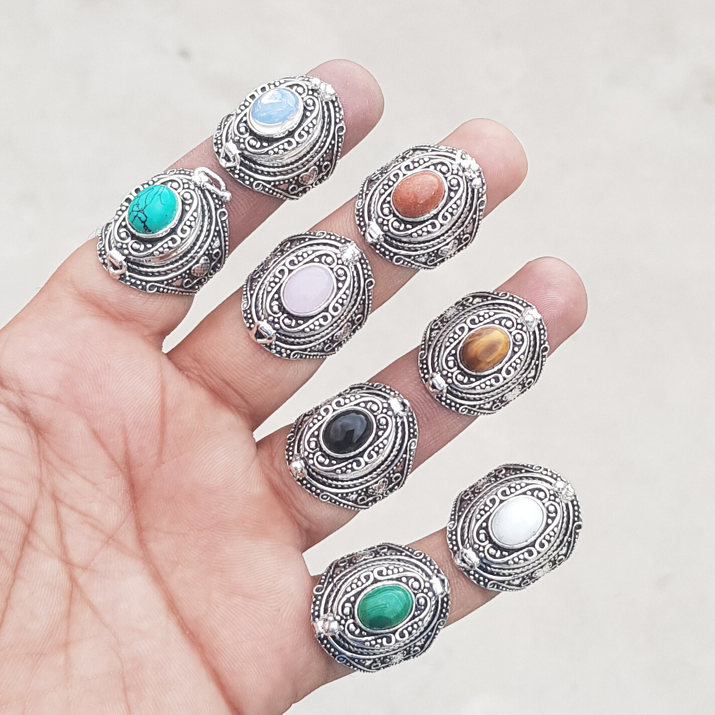 Natural Assorted Crystal Silver Plated Handmade Adjustable Poison Ring For Women