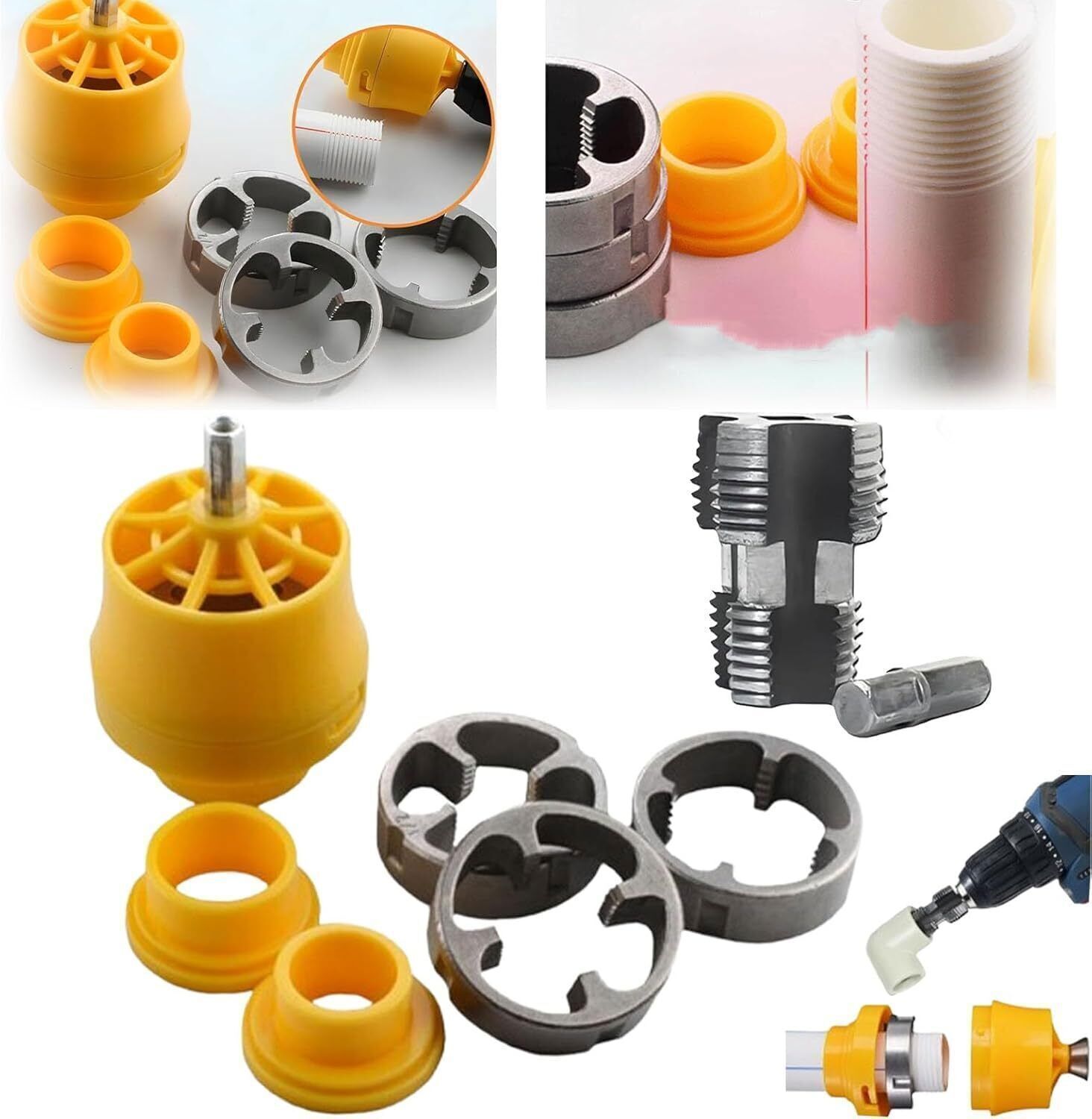Electric Drill Compatible PVC Pipe Threader Kit with Various Die Sizes