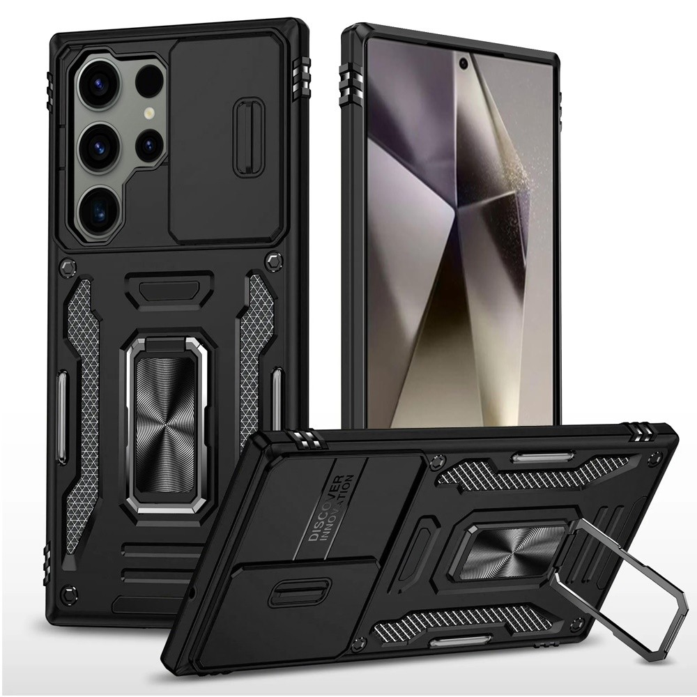 For Samsung S25 Ultra Case Slide Lens Cover Magnetic Ring Stand + Tempered Glass