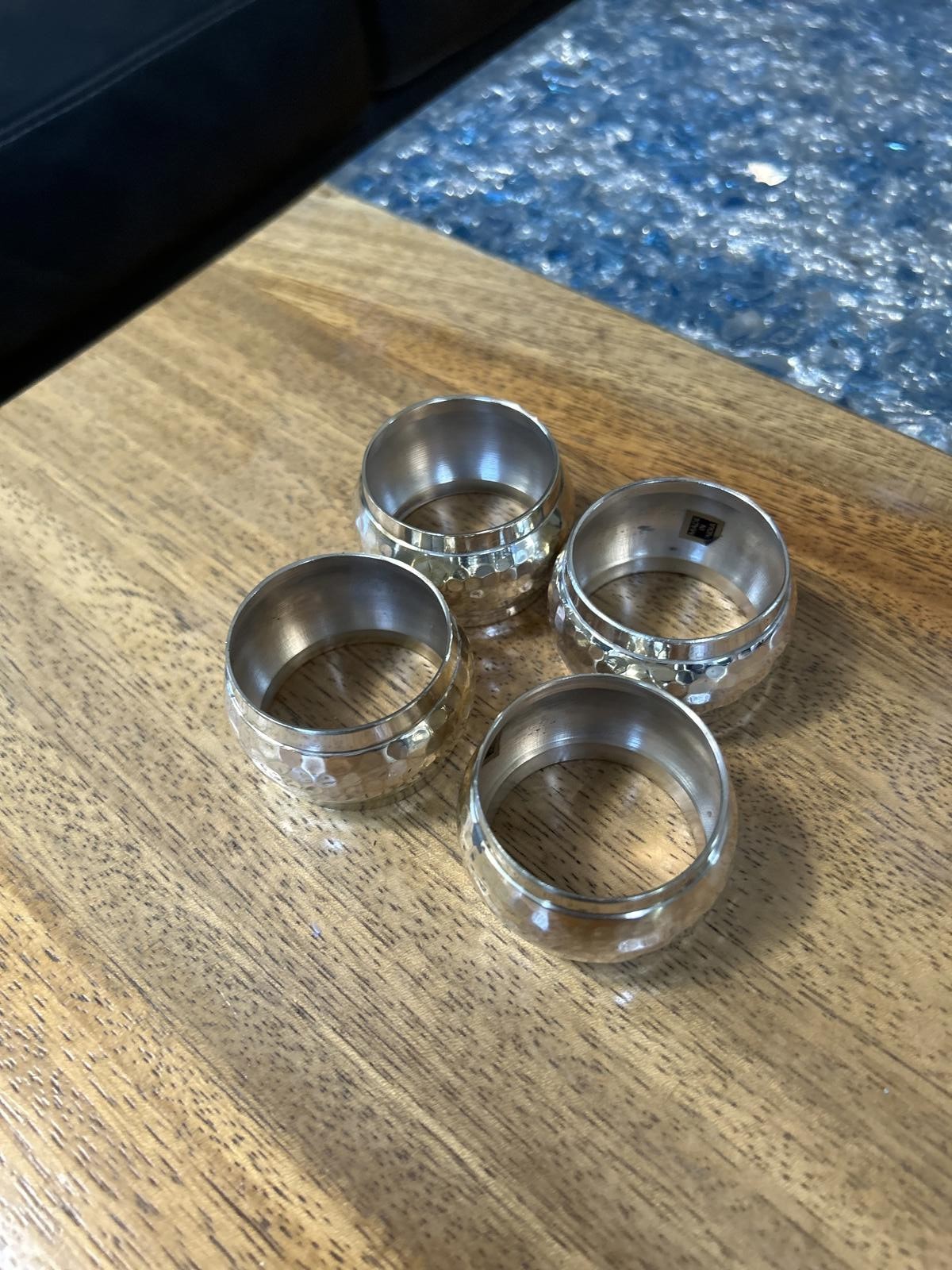 Set of 4 Wide Silver Tone Napkin Rings with Hammered Texture