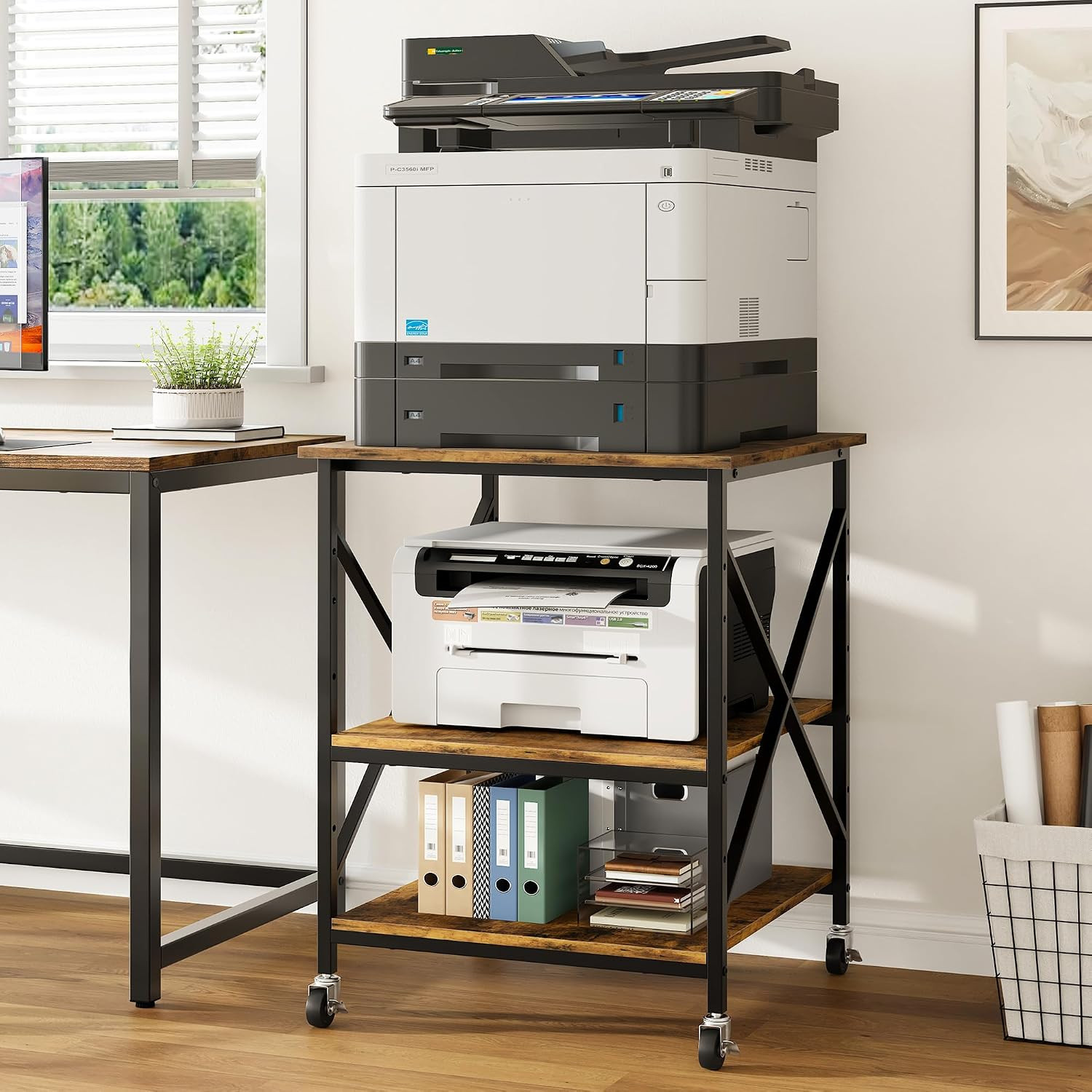 24"X24"X30" Large Printer Stand with Storage, 3 Tier Rolling Printer Cart Table,