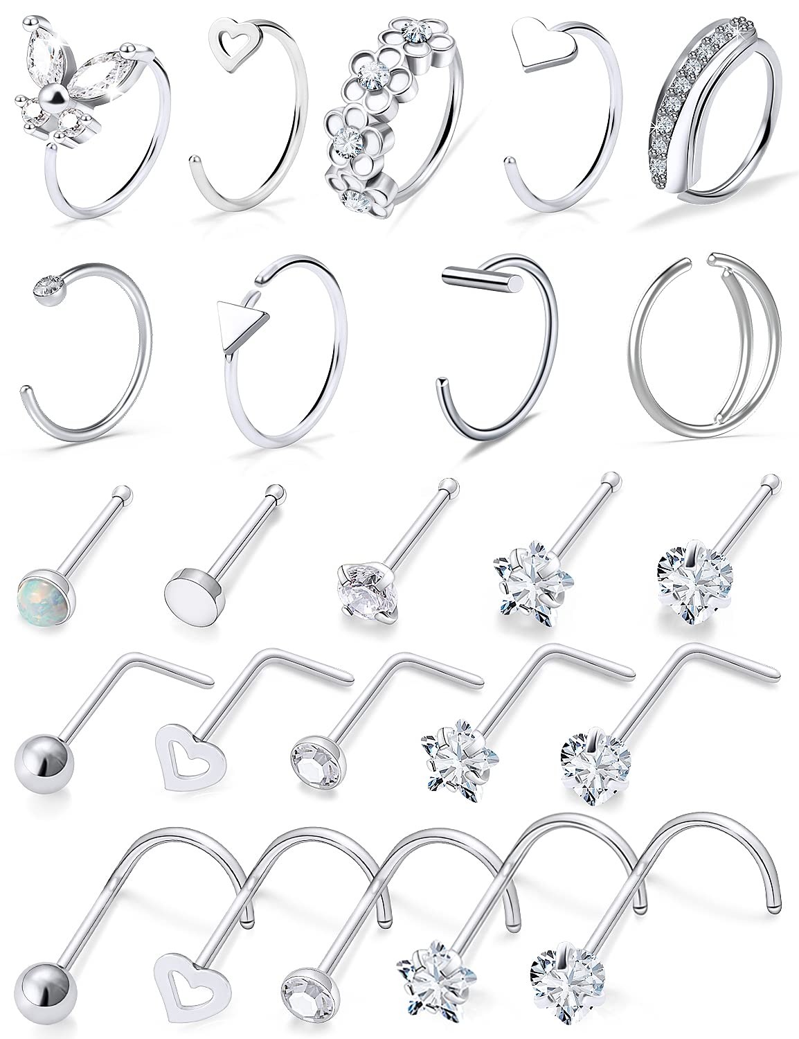Tkzndnm 20g 20 Gauge Nose Rings Studs Hoops Piercings Jewelry for Silver-Tone