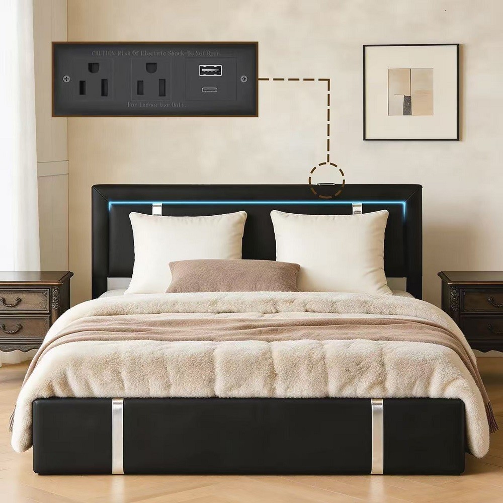Lift Up Storage Bed Frame with Adjustable LEDUSB-CCharging PortsHydraulicSupport