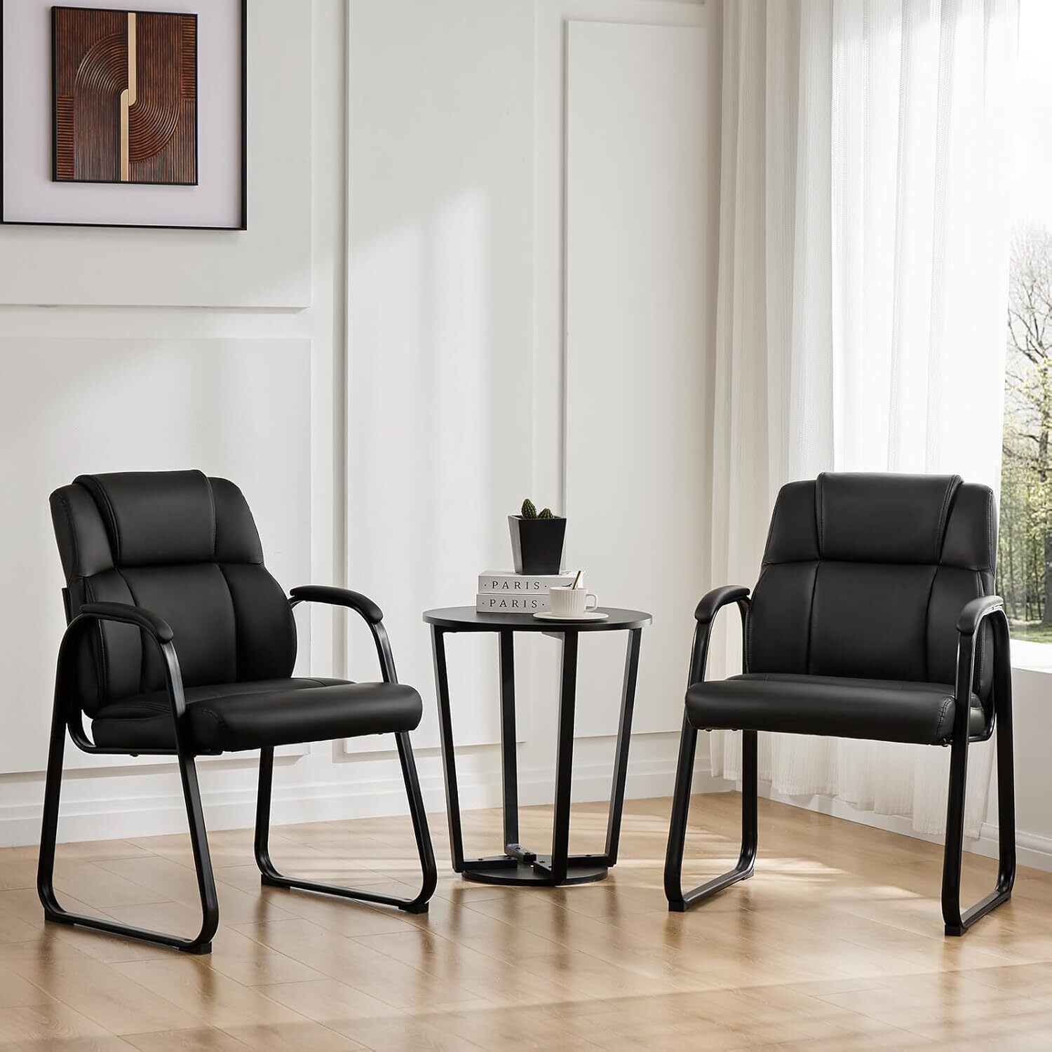 Office Chair No Wheels Leather Guest Chair  for Conference Room Black 2 Pack