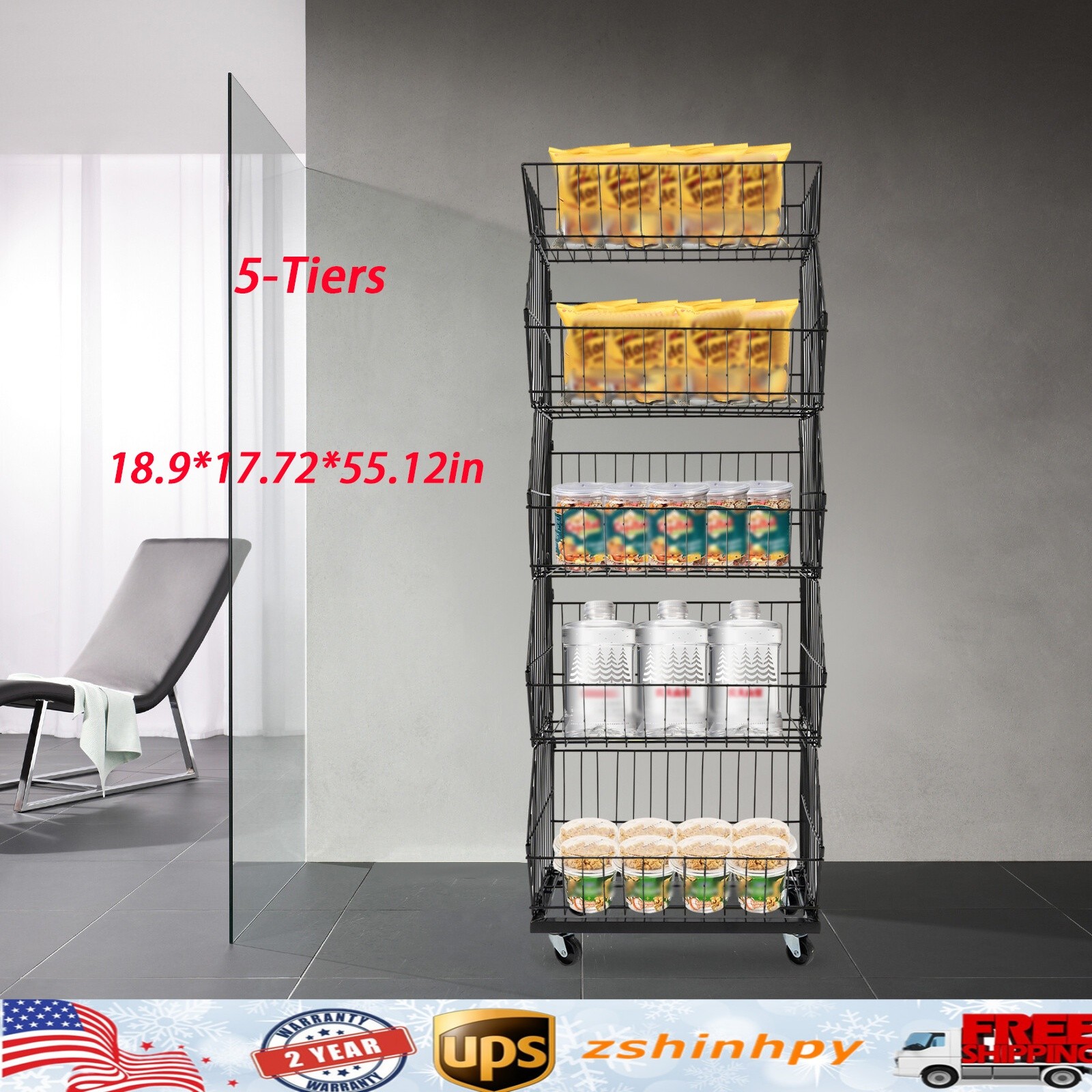 5 Tier Wire Grid Retail Display Shelf Merchandise Display Rack Stand W/ Wheels