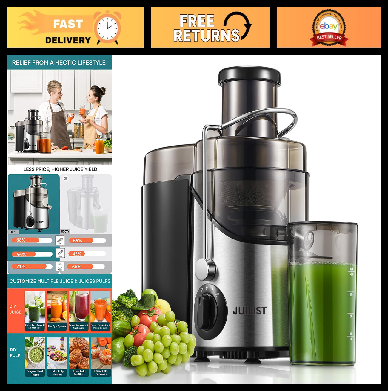 High-Power 800W Juicer Machine, 3" Wide Mouth, 3-Speed Vegetable & Fruit Extract