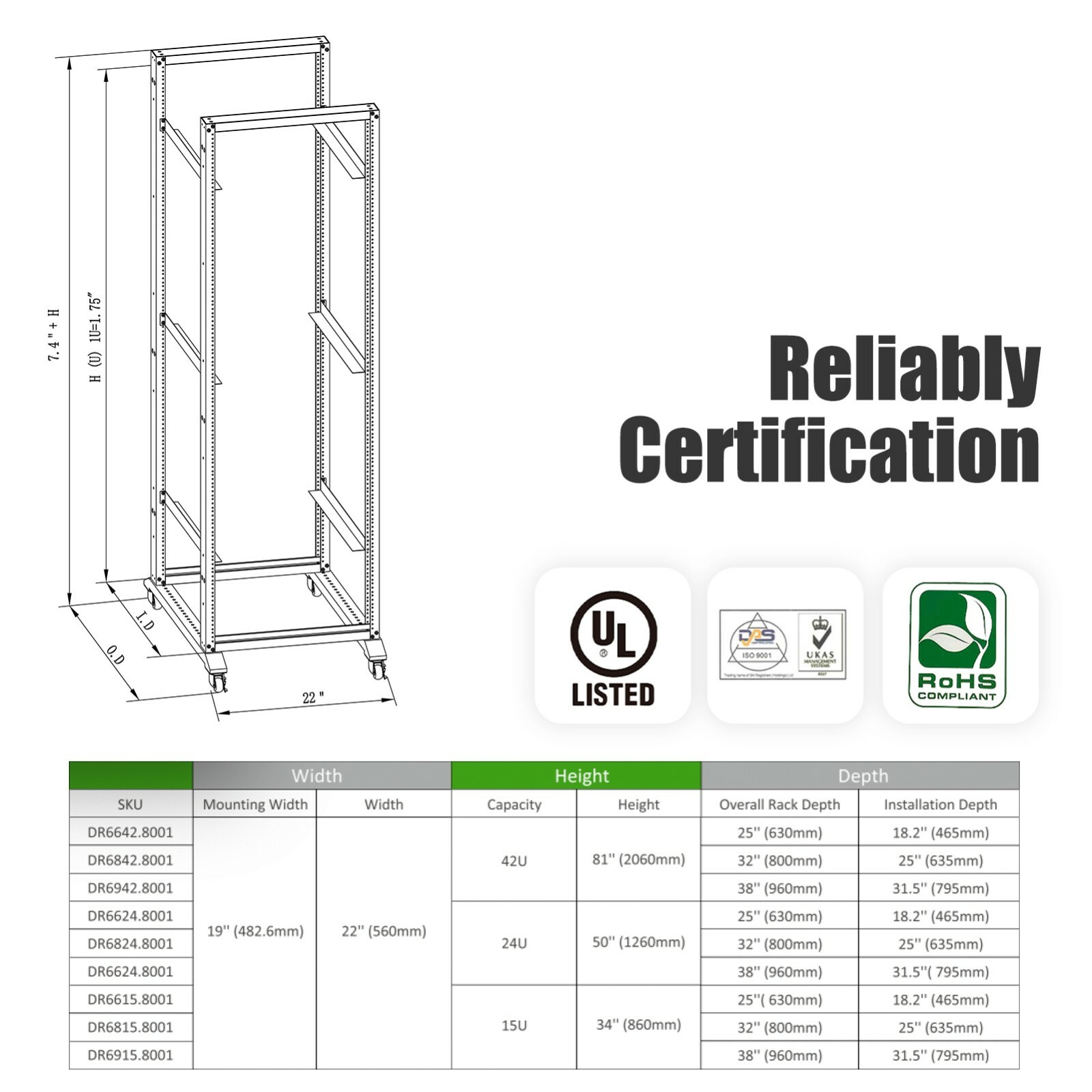 28U 4 Post Open Frame 19" Data Network Desktop 24in Deep Server/Audio Rack 800MM